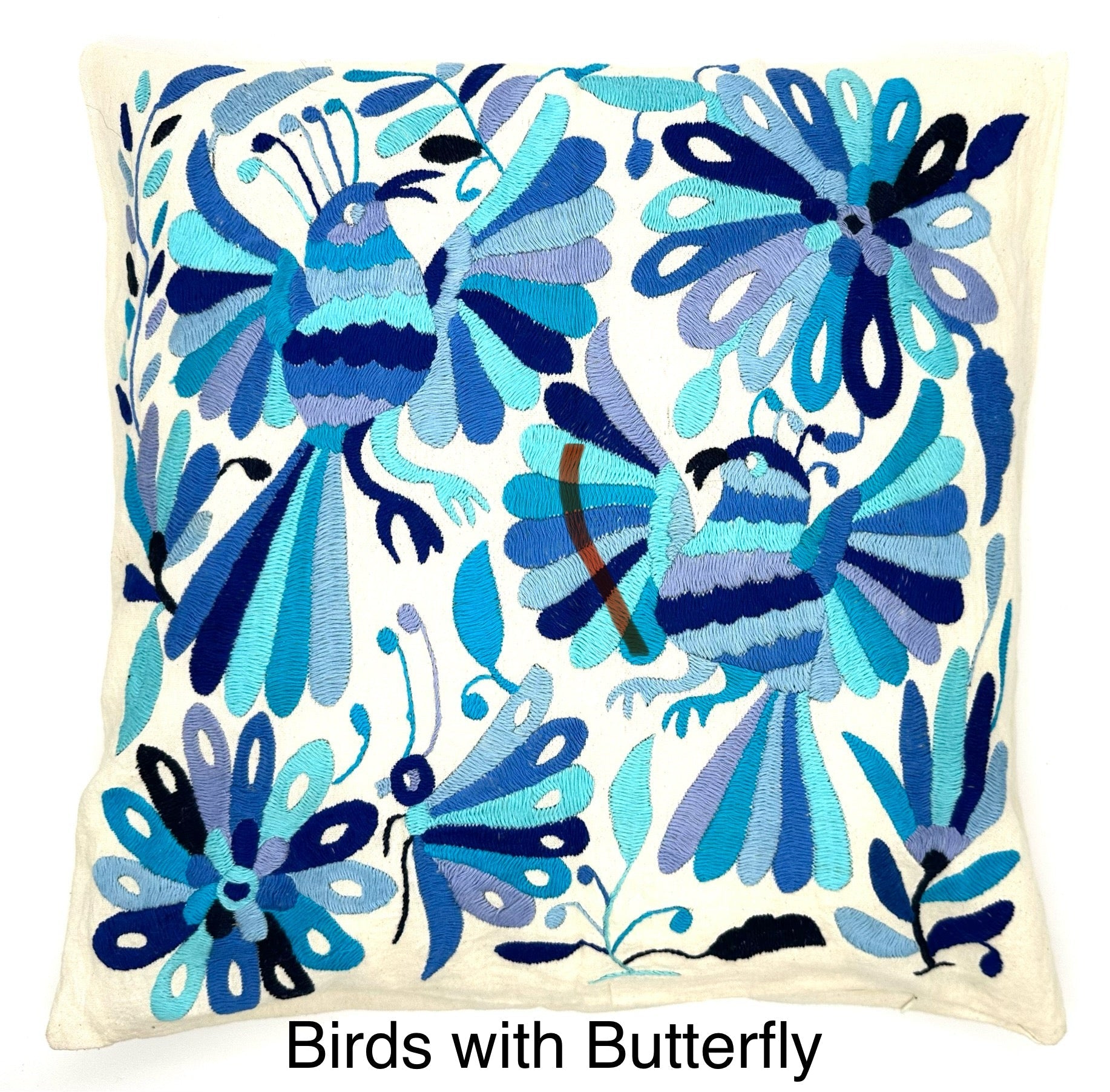 Mexican Otomi Embroidered Cushion Cover – Handmade Tenango Textile – Blue Tones (45x45cm)