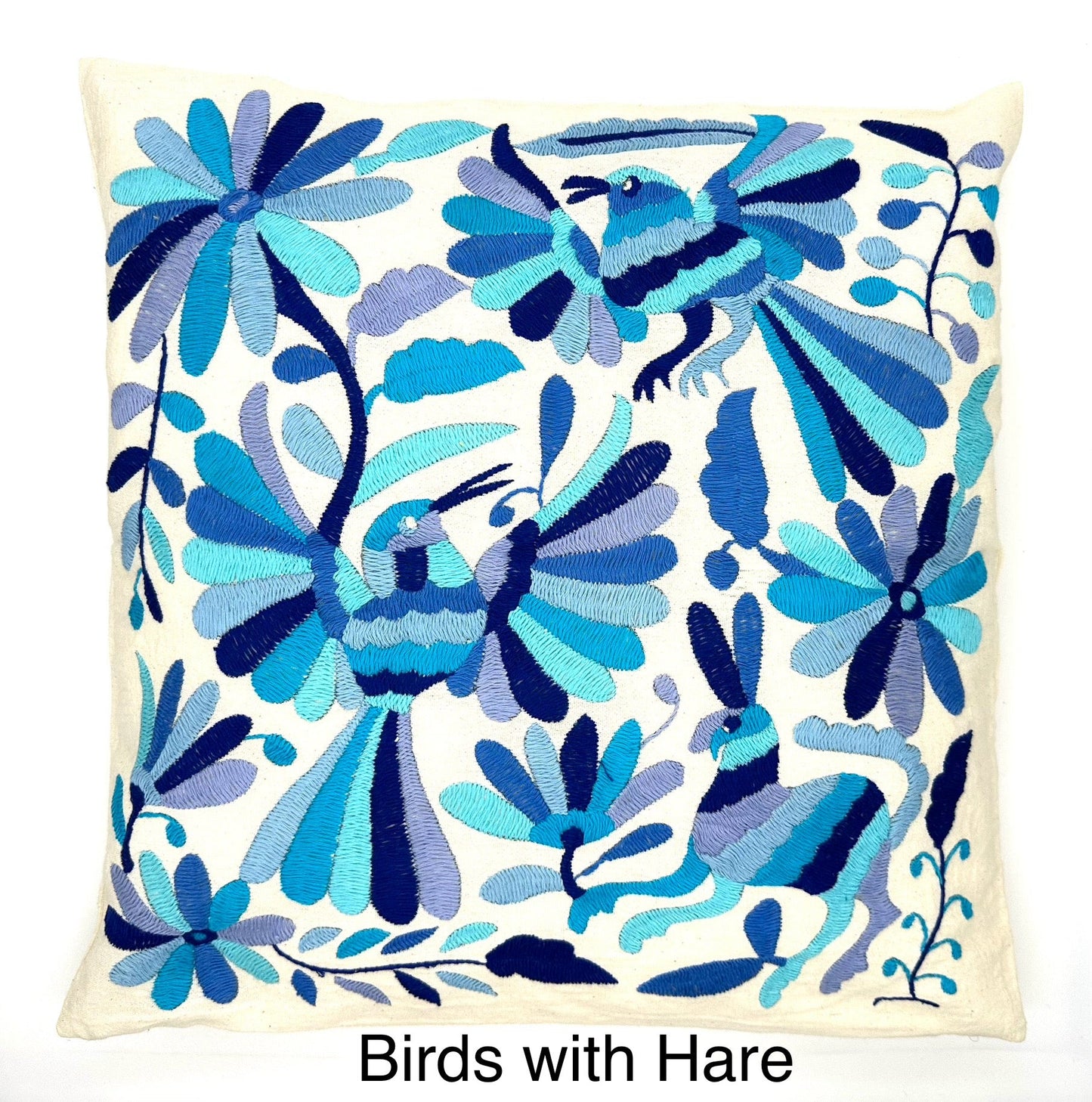 Mexican Otomi Embroidered Cushion Cover – Handmade Tenango Textile – Blue Tones (45x45cm)