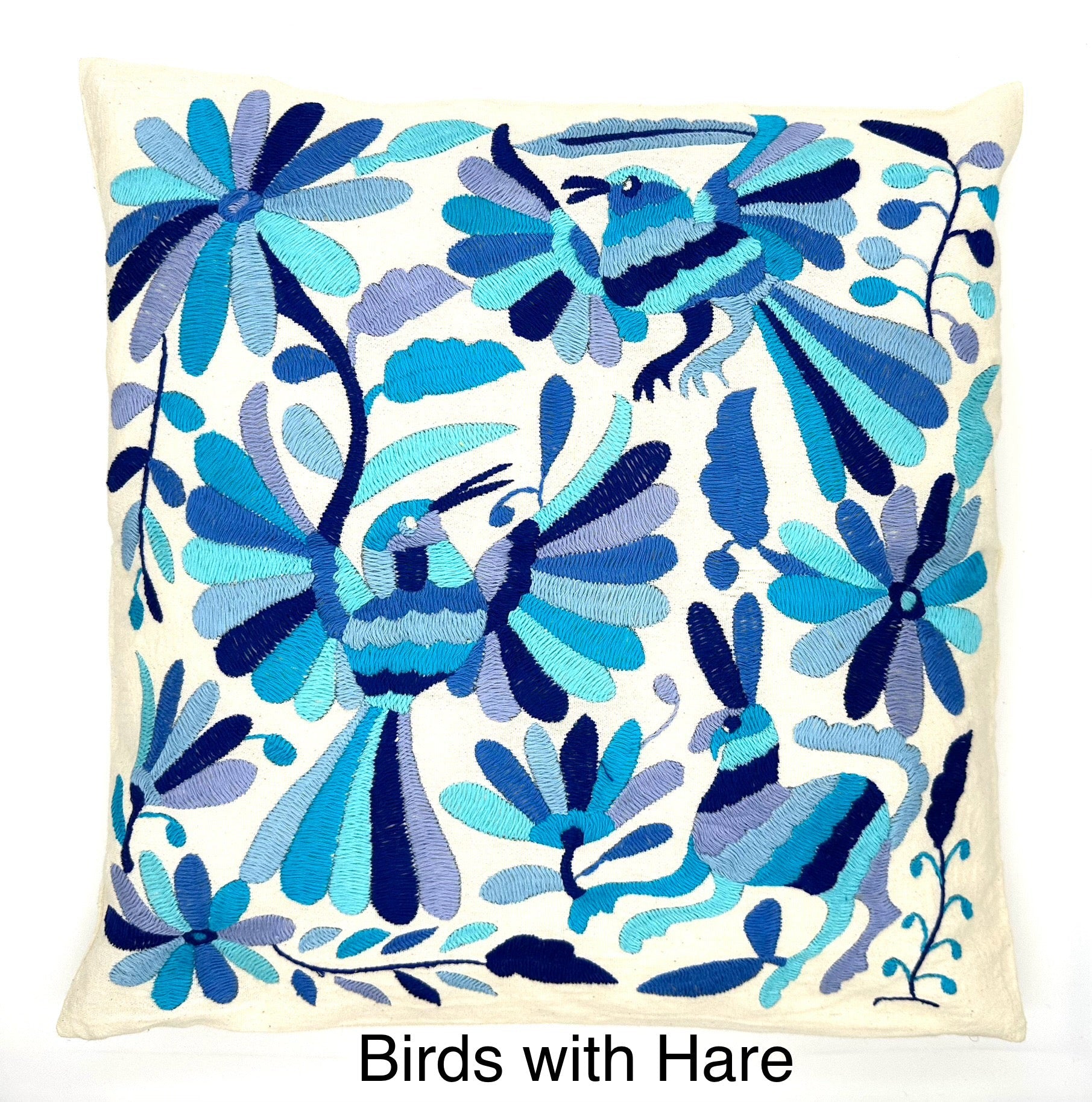Mexican Otomi Embroidered Cushion Cover – Handmade Tenango Textile – Blue Tones (45x45cm)