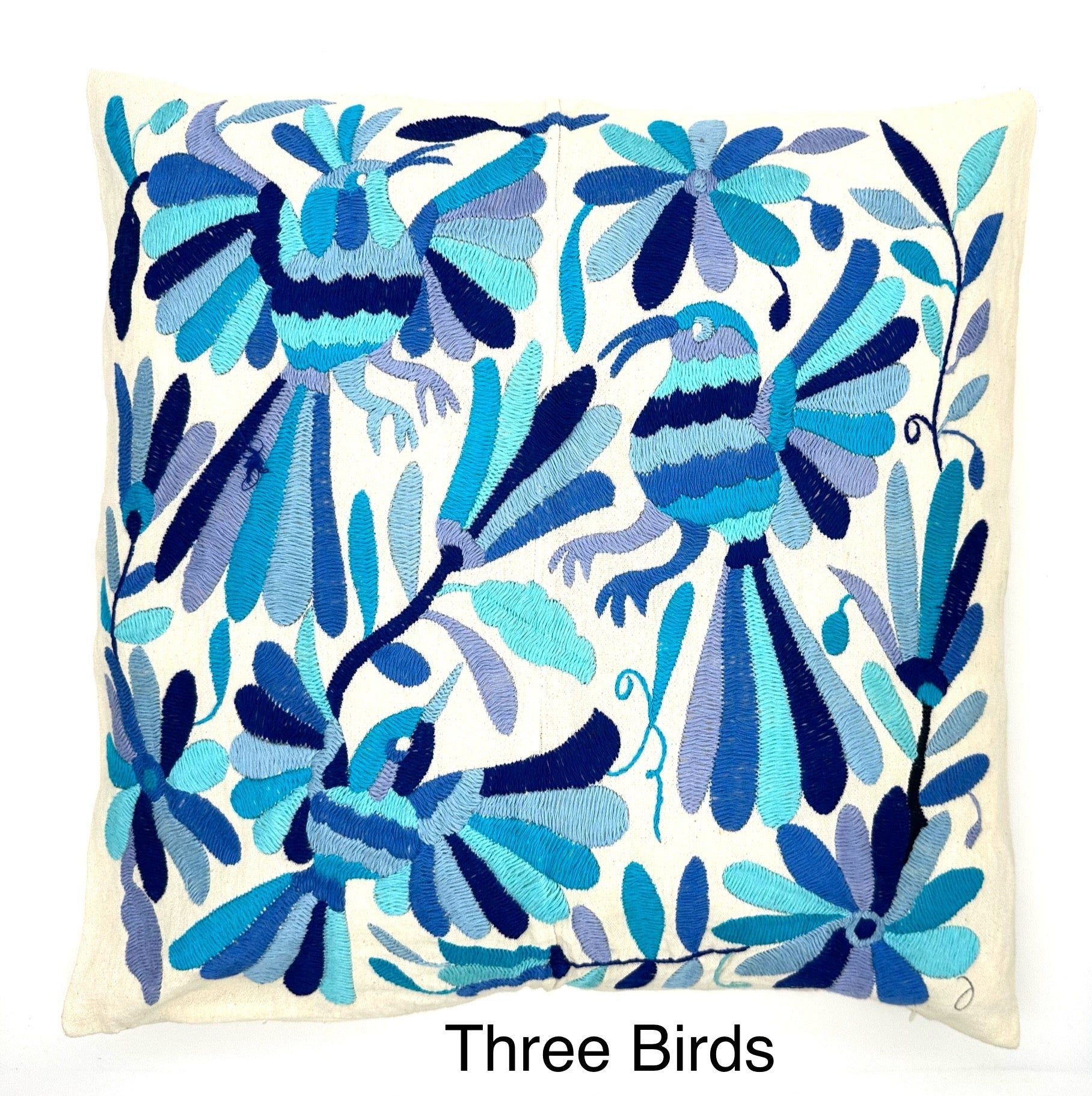 Mexican Otomi Embroidered Cushion Cover – Handmade Tenango Textile – Blue Tones (45x45cm)