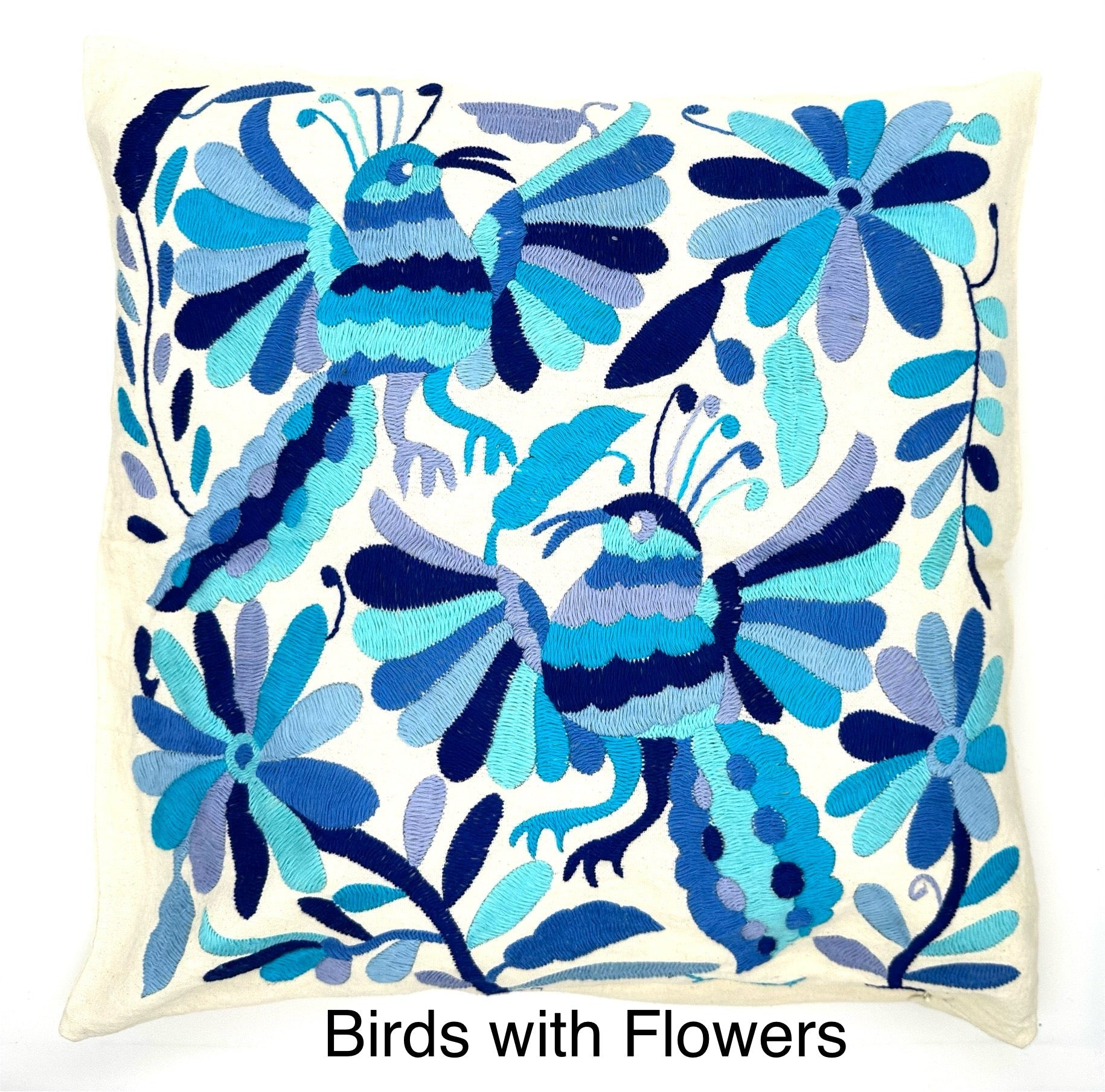 Mexican Otomi Embroidered Cushion Cover – Handmade Tenango Textile – Blue Tones (45x45cm)