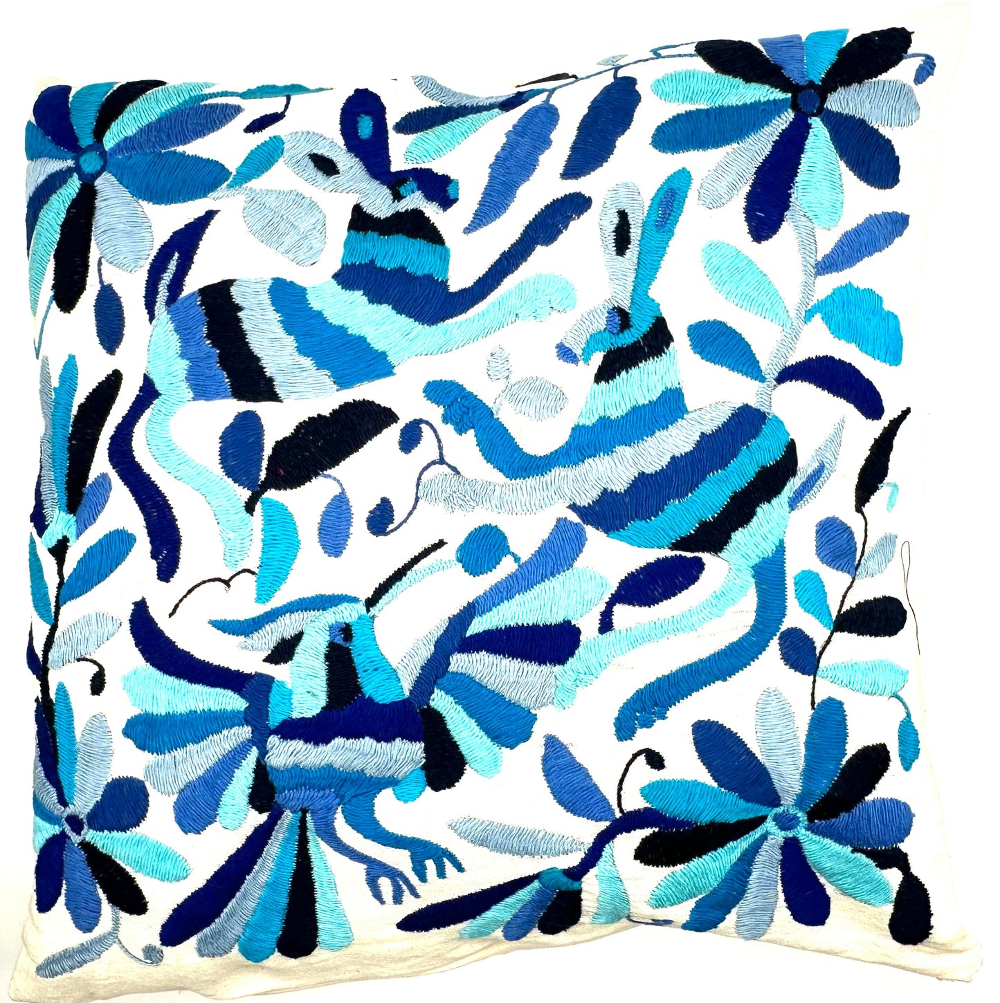 Mexican Otomi Embroidered Cushion Cover – Handmade Tenango Textile – Blue Tones (45x45cm)