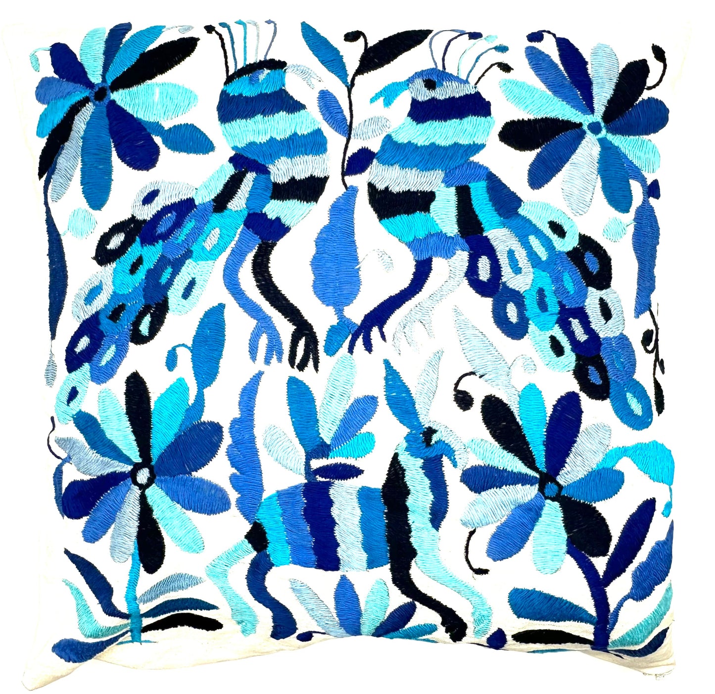 Mexican Otomi Embroidered Cushion Cover – Handmade Tenango Textile – Blue Tones (45x45cm)