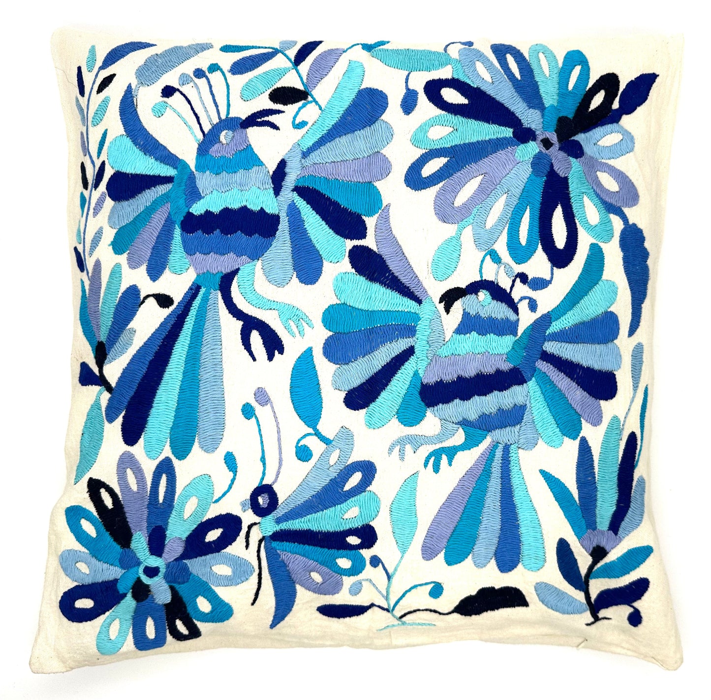 Mexican Otomi Embroidered Cushion Cover – Handmade Tenango Textile – Blue Tones (45x45cm)
