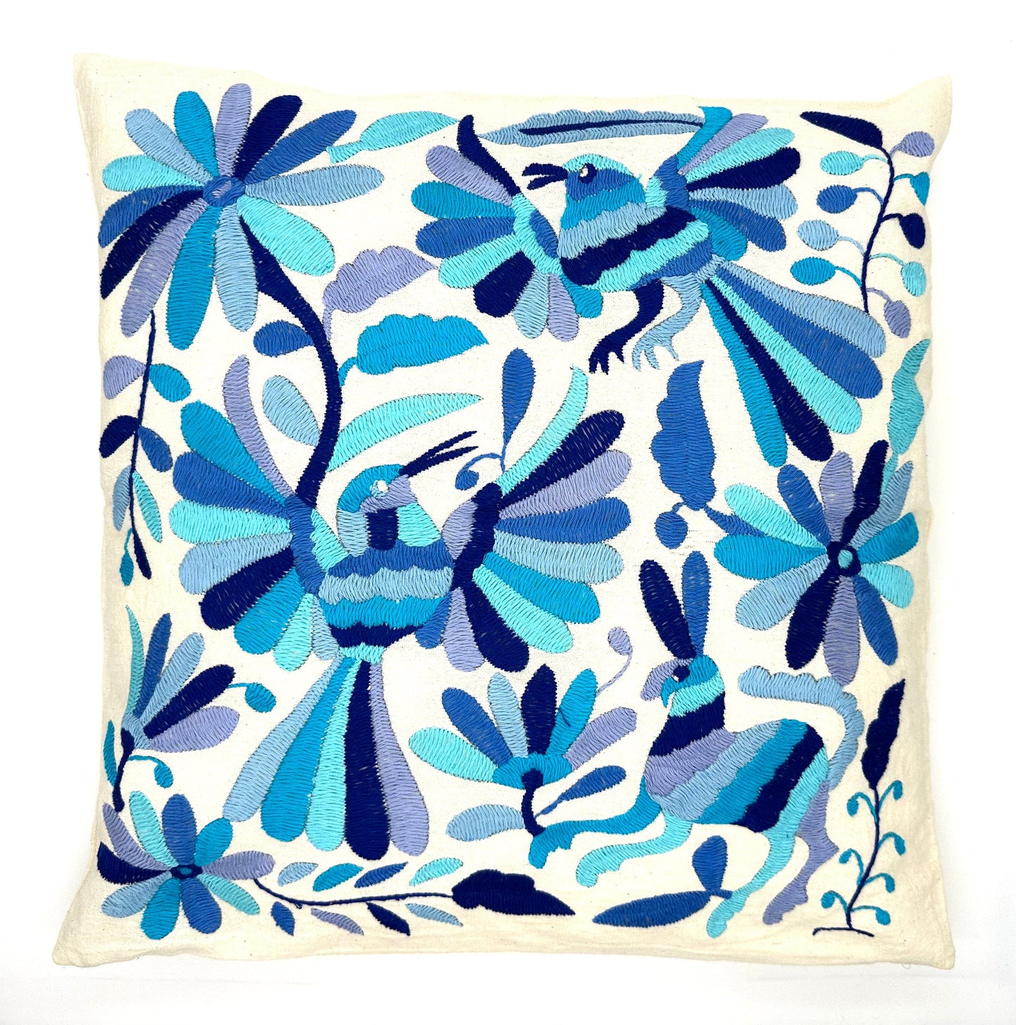 Mexican Otomi Embroidered Cushion Cover – Handmade Tenango Textile – Blue Tones (45x45cm)