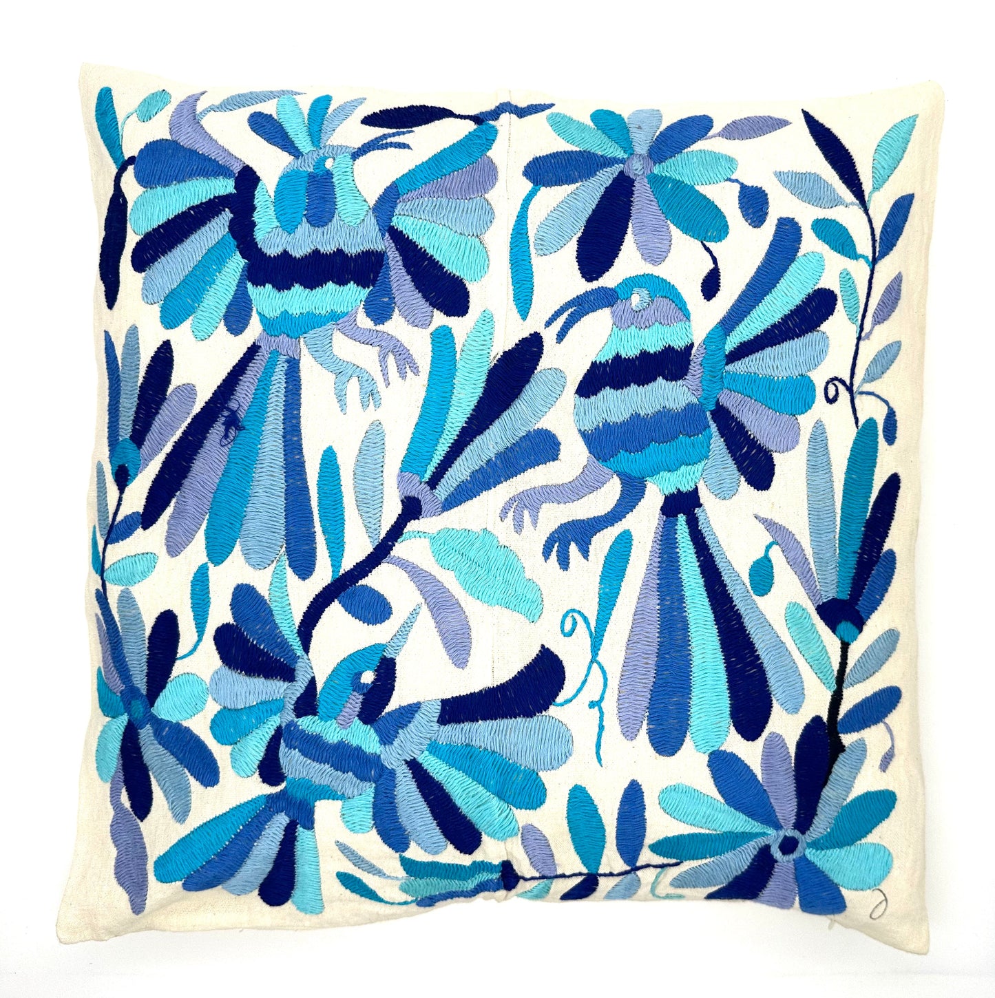 Mexican Otomi Embroidered Cushion Cover – Handmade Tenango Textile – Blue Tones (45x45cm)