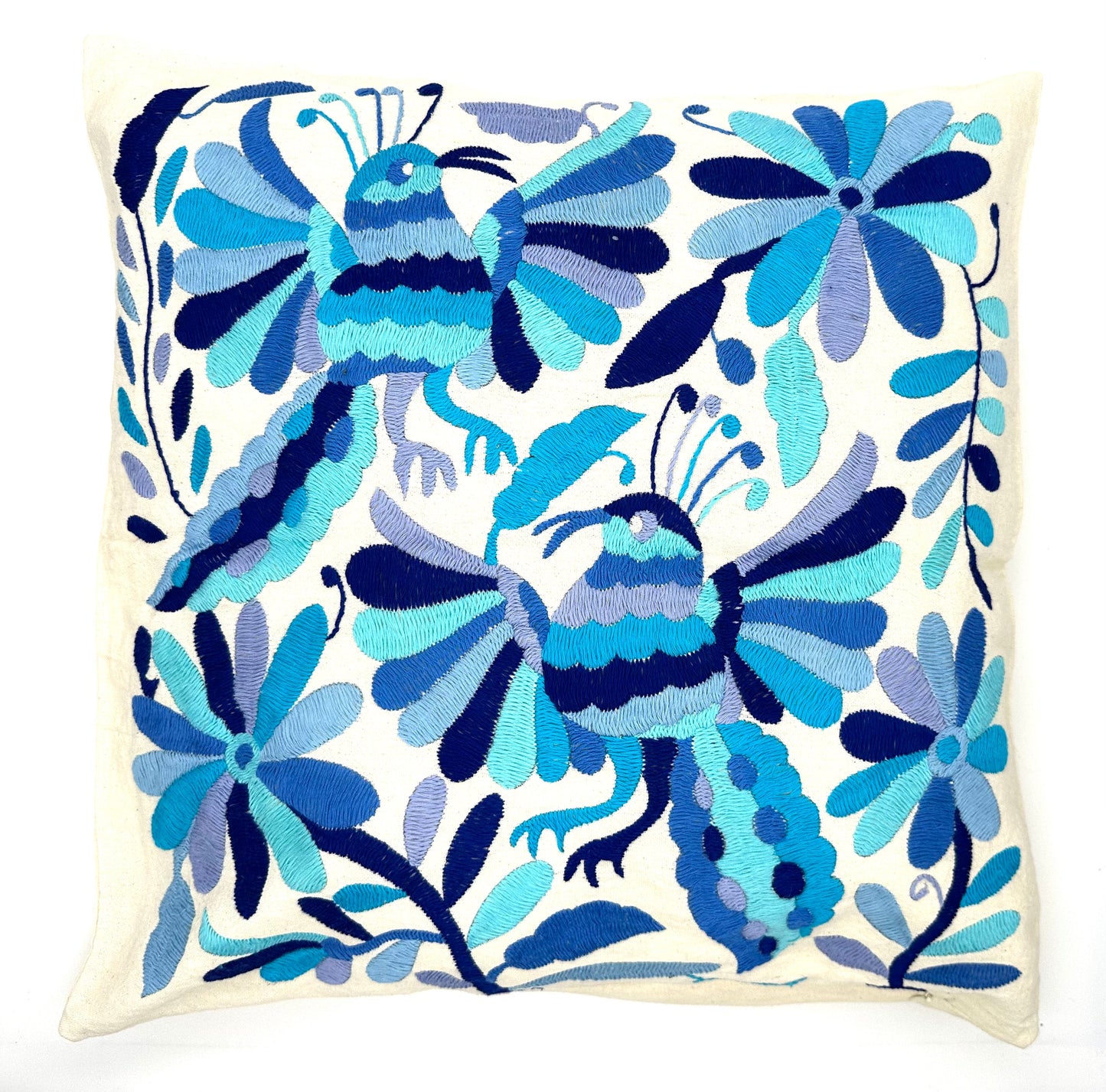 Mexican Otomi Embroidered Cushion Cover – Handmade Tenango Textile – Blue Tones (45x45cm)