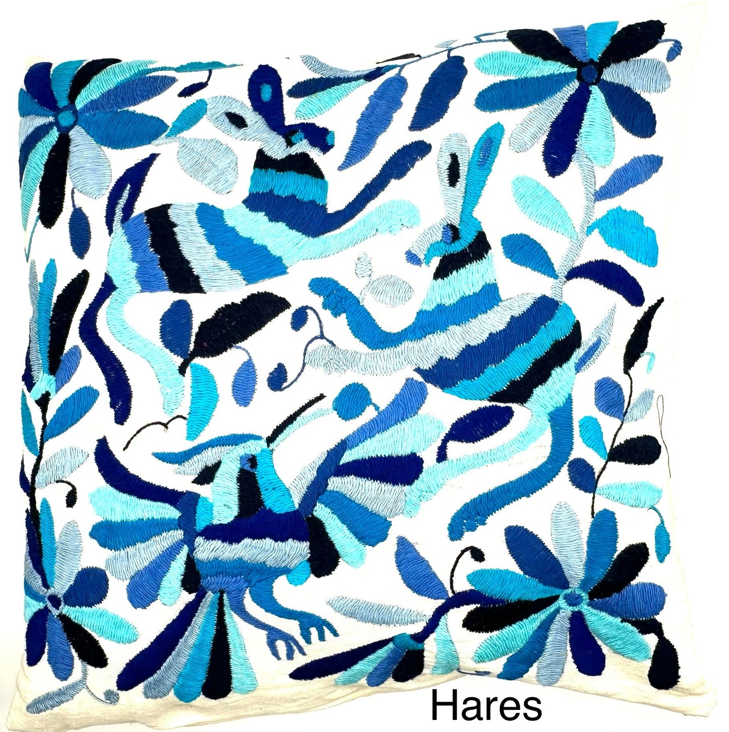 Mexican Otomi Embroidered Cushion Cover – Handmade Tenango Textile – Blue Tones (45x45cm)
