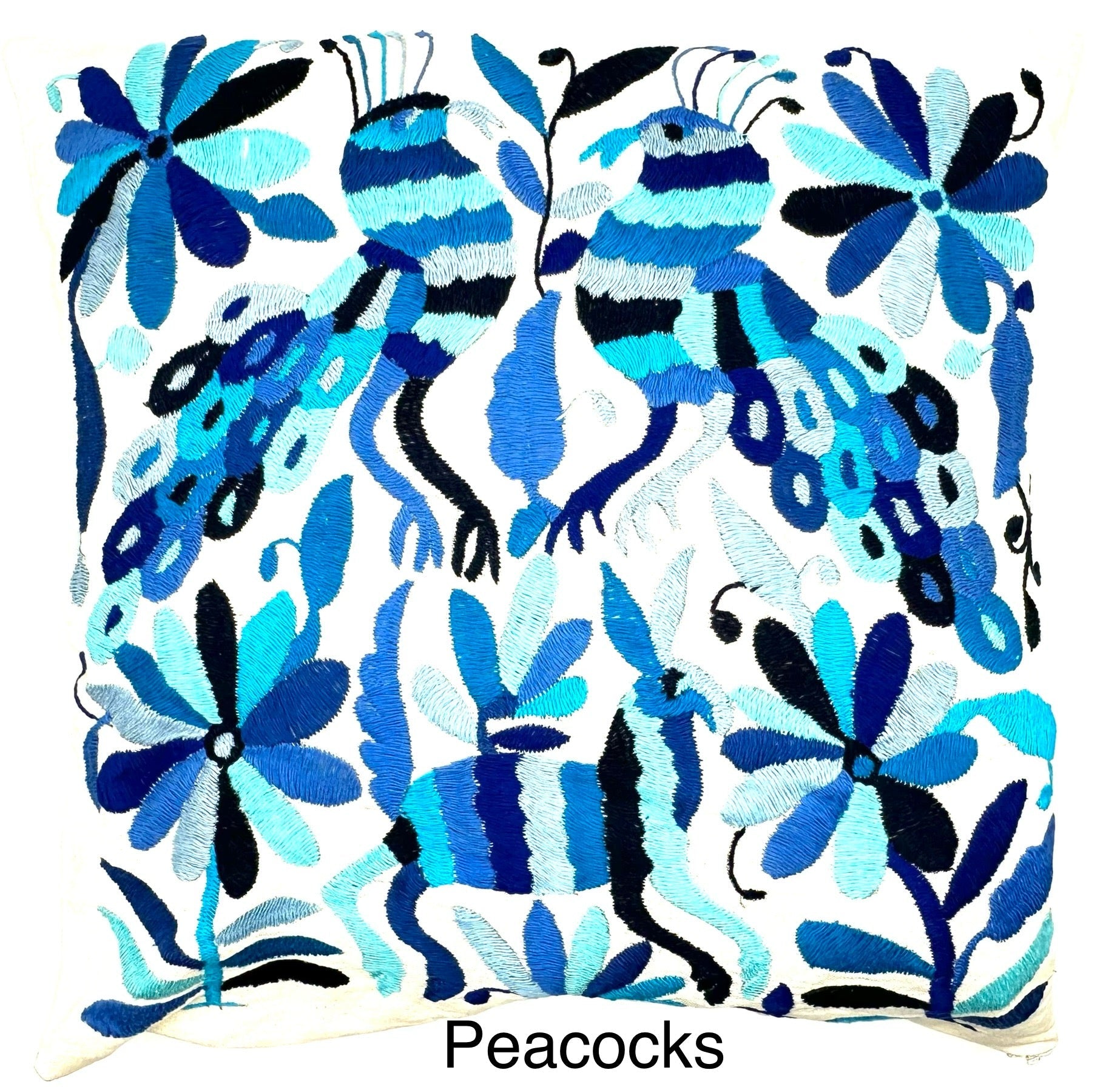 Mexican Otomi Embroidered Cushion Cover – Handmade Tenango Textile – Blue Tones (45x45cm)