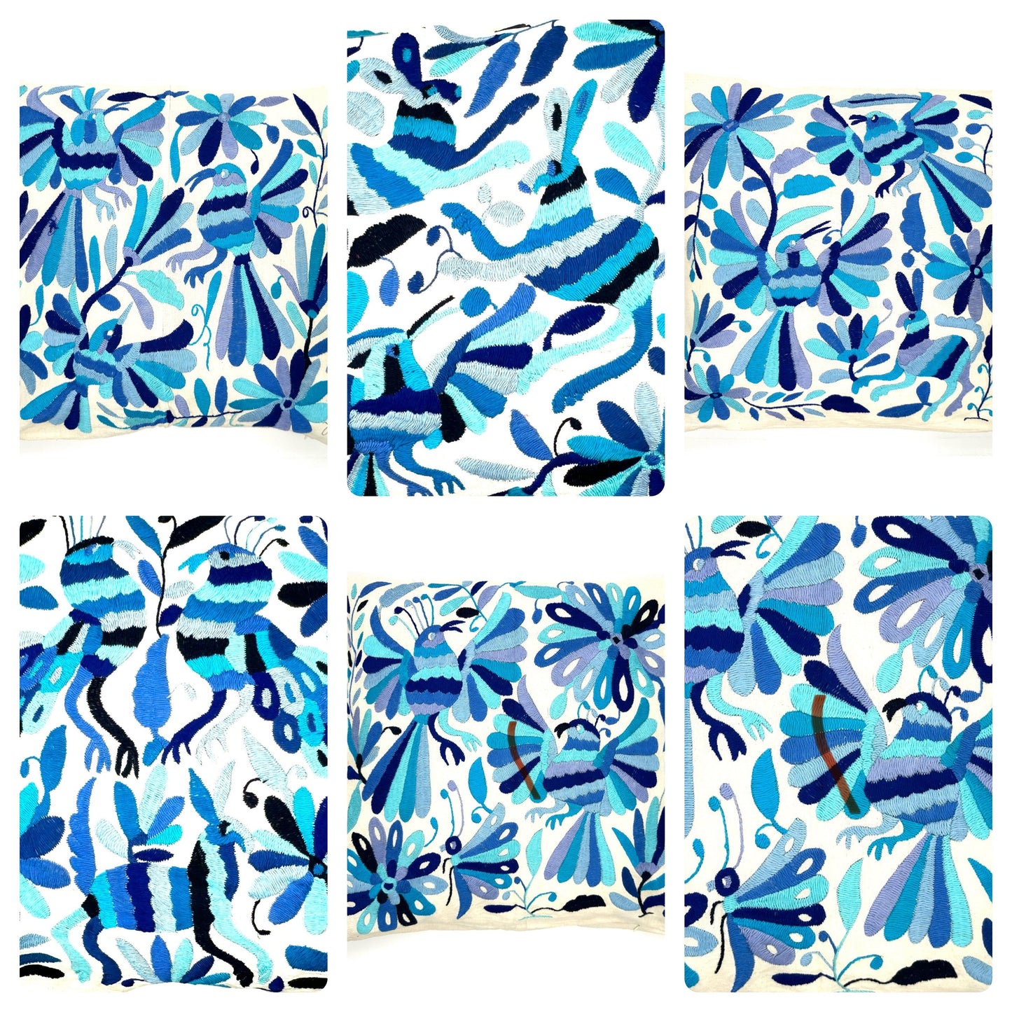 Mexican Otomi Embroidered Cushion Cover – Handmade Tenango Textile – Blue Tones (45x45cm)