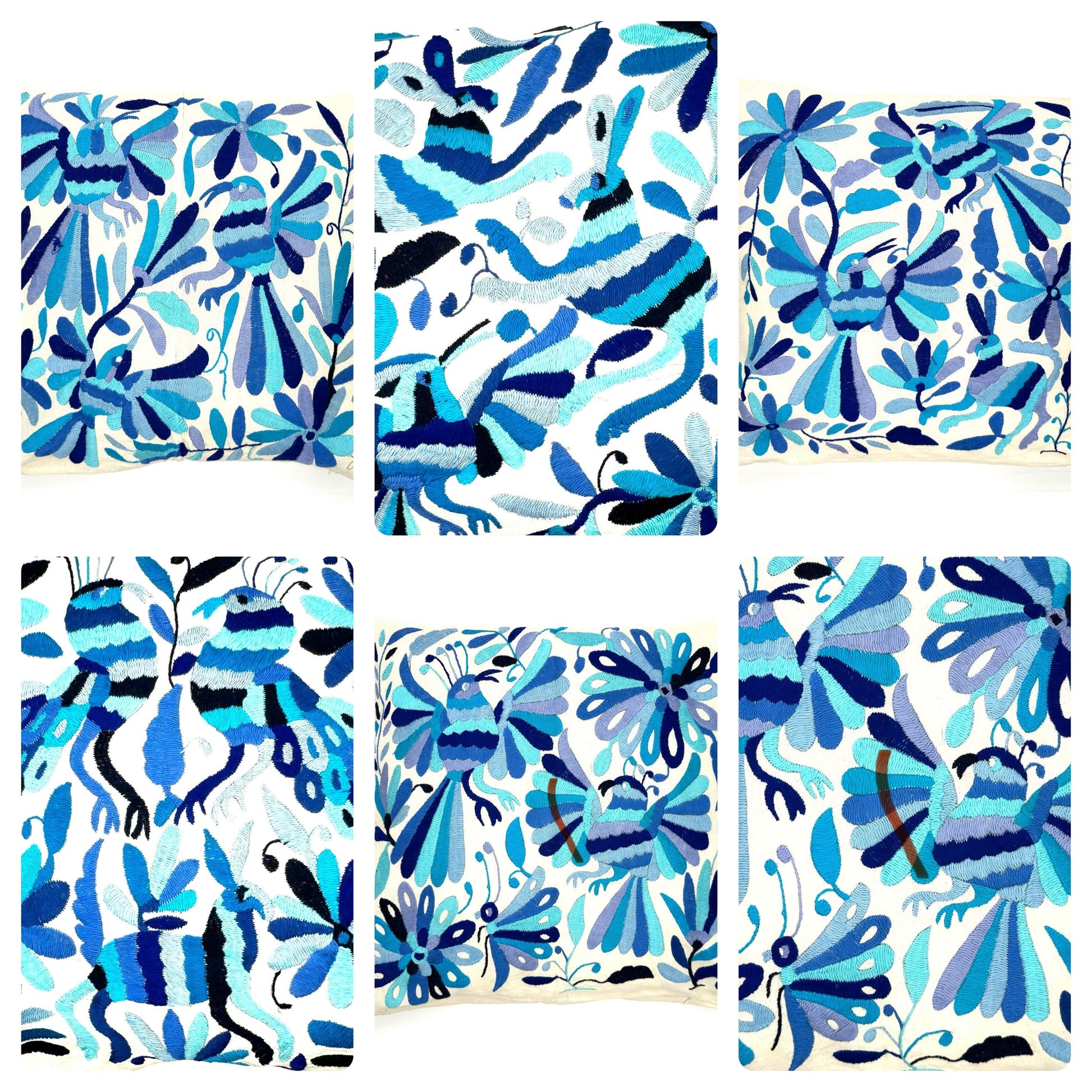 Mexican Otomi Embroidered Cushion Cover – Handmade Tenango Textile – Blue Tones (45x45cm)