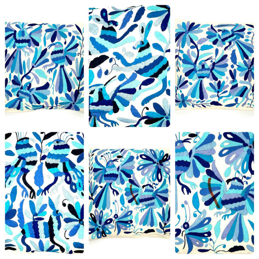 Mexican Otomi Embroidered Cushion Cover – Handmade Tenango Textile – Blue Tones (45x45cm)