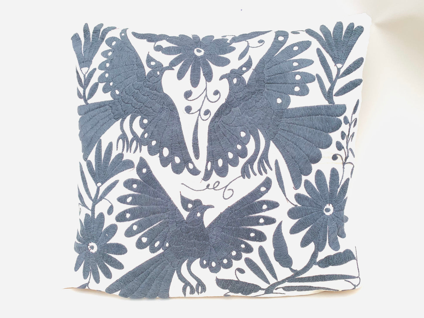 Mexican Otomi Embroidered Cushion Cover – Handmade Tenango Textile – Grey (45x45cm)