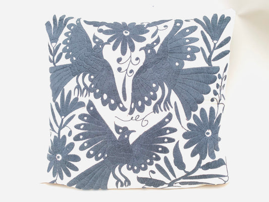 Mexican Otomi Embroidered Cushion Cover – Handmade Tenango Textile – Grey (45x45cm)