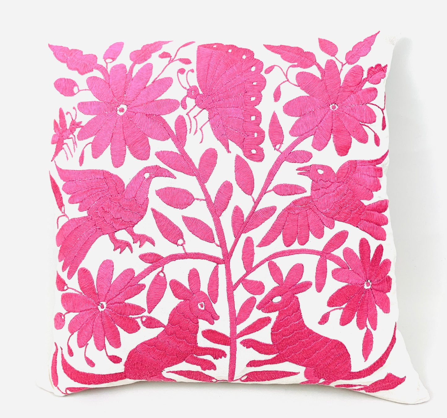 Mexican Otomi Embroidered Cushion Cover – Handmade Tenango Textile – Mexican Pink (45x45cm)