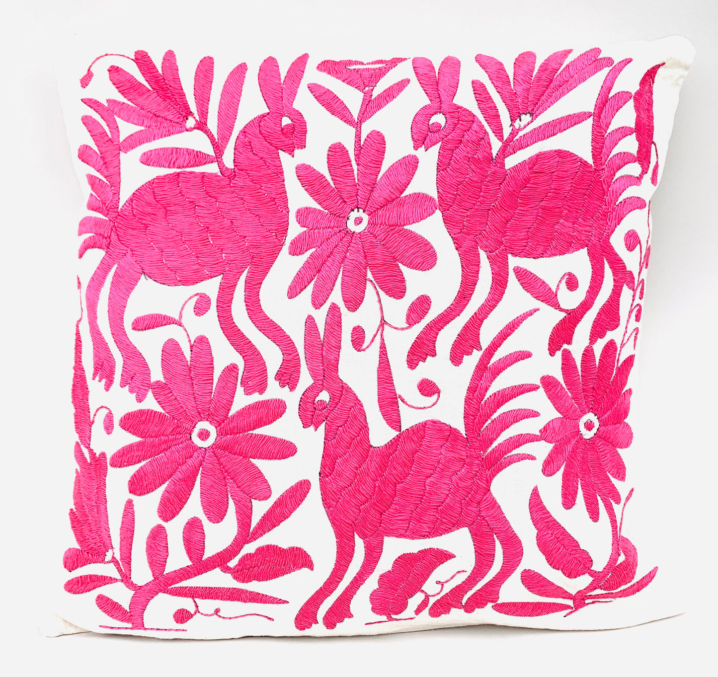 Mexican Otomi Embroidered Cushion Cover – Handmade Tenango Textile – Mexican Pink (45x45cm)