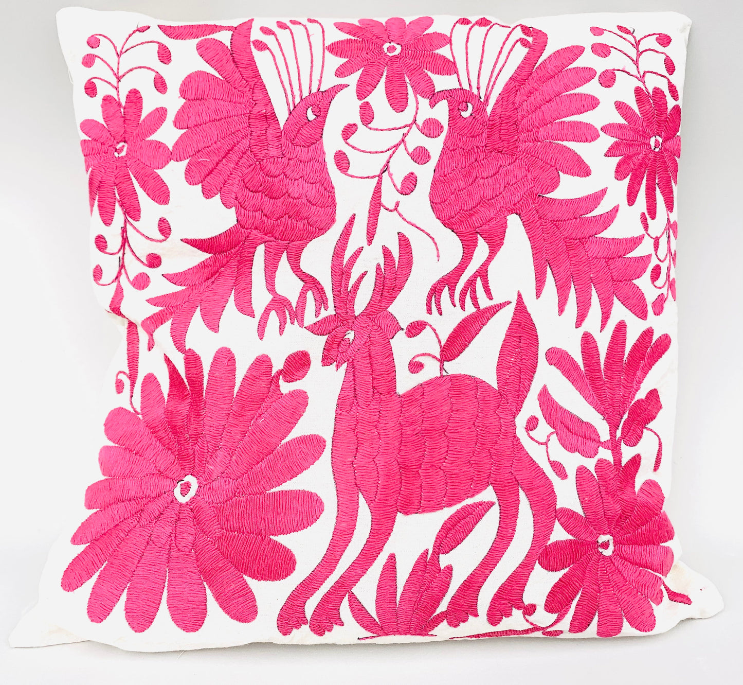 Mexican Otomi Embroidered Cushion Cover – Handmade Tenango Textile – Mexican Pink (45x45cm)