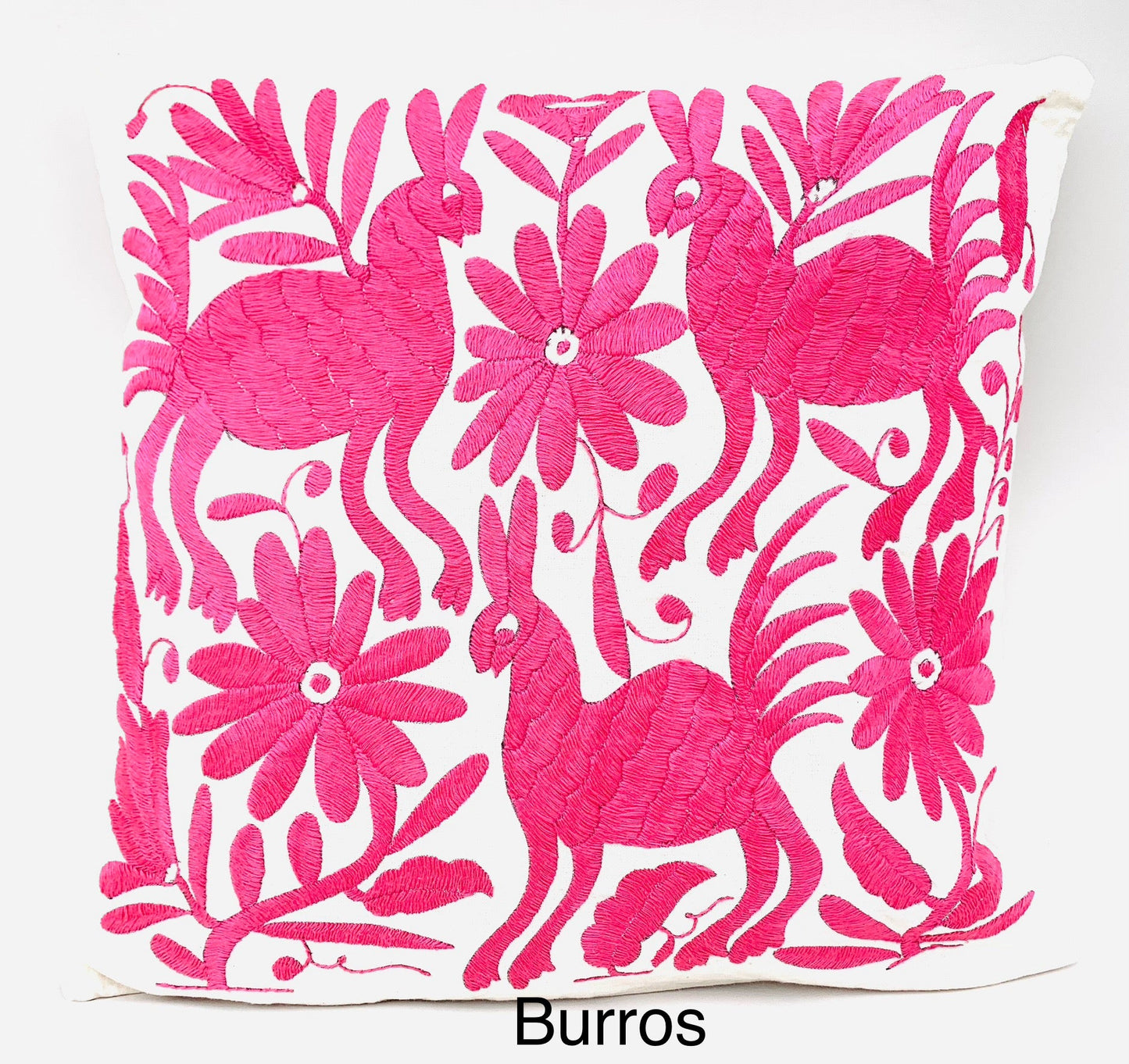 Mexican Otomi Embroidered Cushion Cover – Handmade Tenango Textile – Mexican Pink (45x45cm)