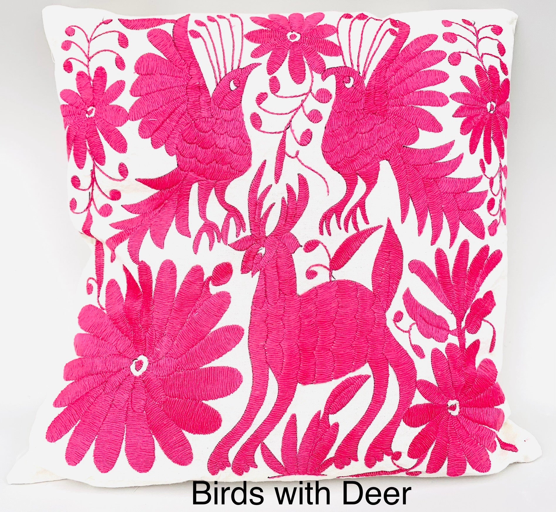 Mexican Otomi Embroidered Cushion Cover – Handmade Tenango Textile – Mexican Pink (45x45cm)