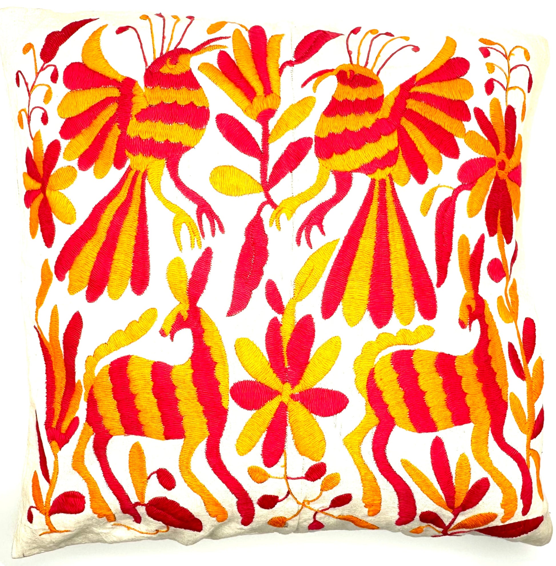 Mexican Otomi Embroidered Cushion Cover – Handmade Tenango Textile – Pink & Orange (45x45cm)