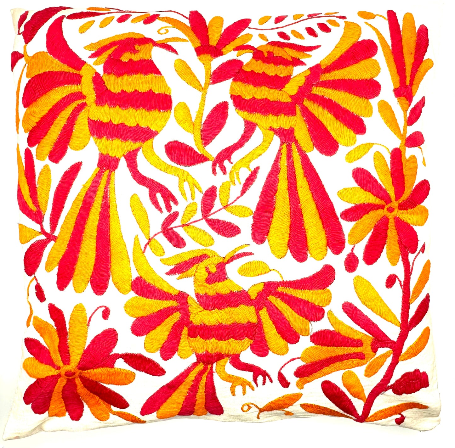 Mexican Otomi Embroidered Cushion Cover – Handmade Tenango Textile – Pink & Orange (45x45cm)