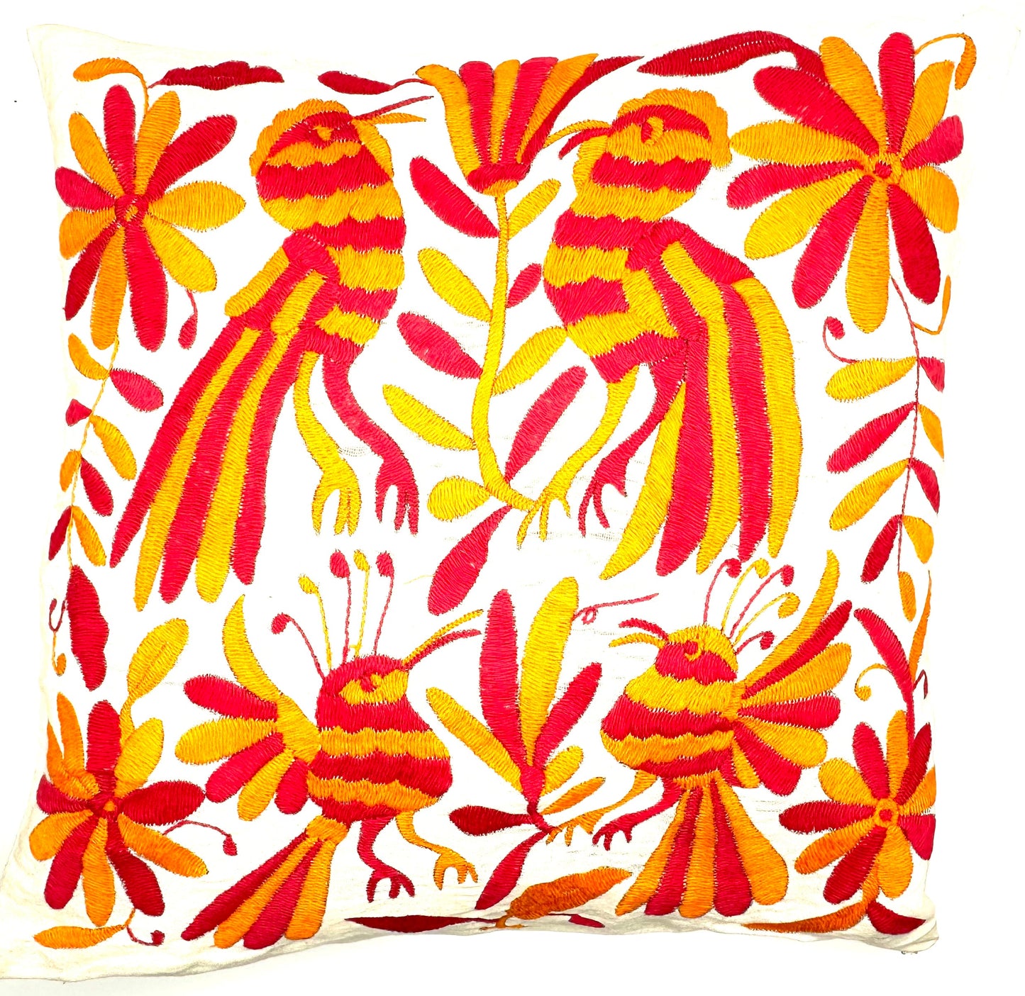 Mexican Otomi Embroidered Cushion Cover – Handmade Tenango Textile – Pink & Orange (45x45cm)