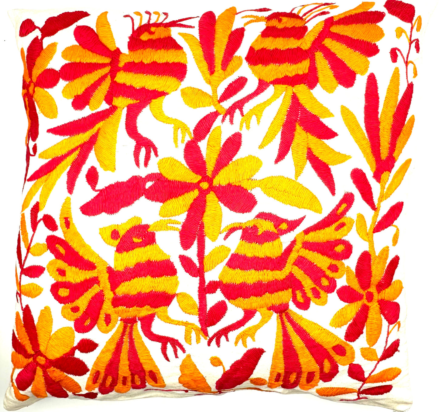 Mexican Otomi Embroidered Cushion Cover – Handmade Tenango Textile – Pink & Orange (45x45cm)
