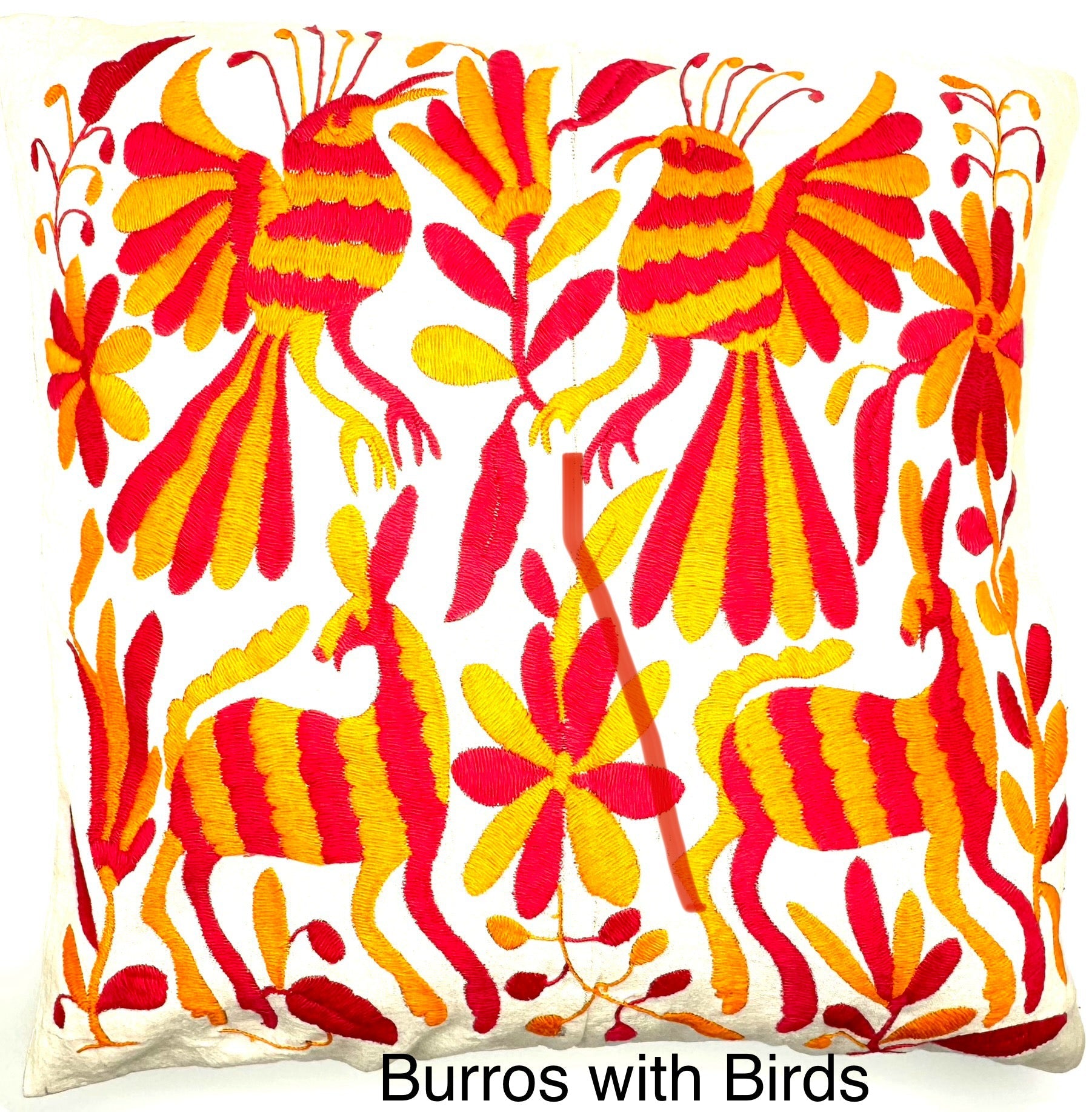 Mexican Otomi Embroidered Cushion Cover – Handmade Tenango Textile – Pink & Orange (45x45cm)
