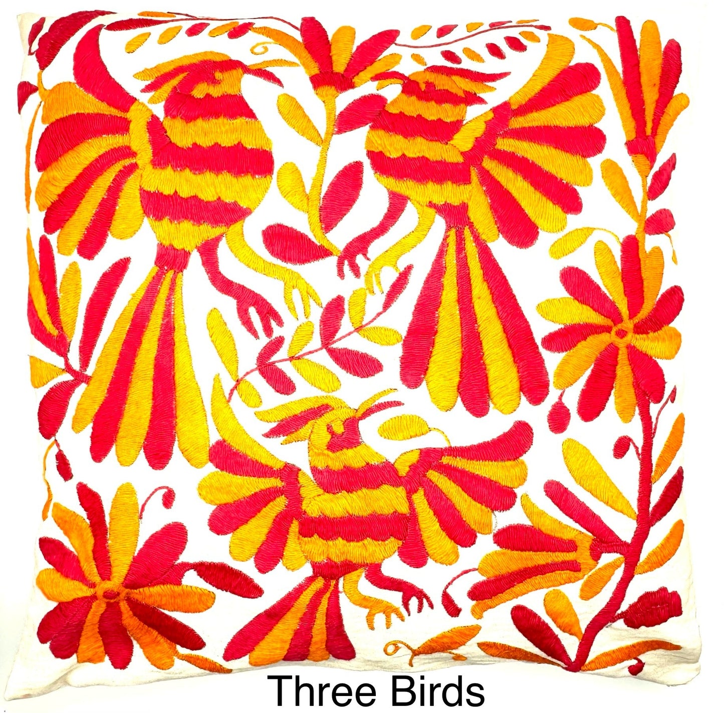 Mexican Otomi Embroidered Cushion Cover – Handmade Tenango Textile – Pink & Orange (45x45cm)