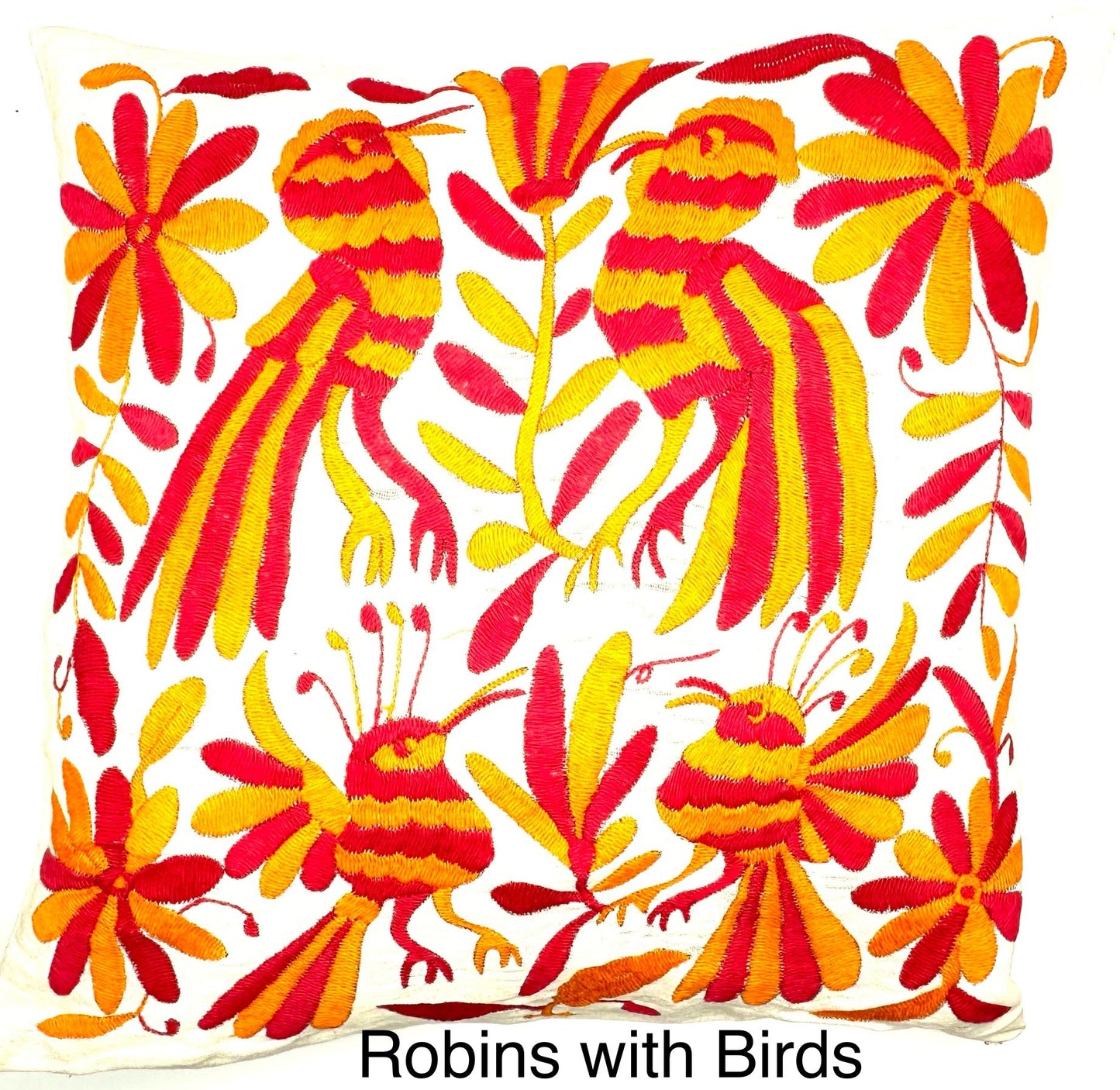 Mexican Otomi Embroidered Cushion Cover – Handmade Tenango Textile – Pink & Orange (45x45cm)