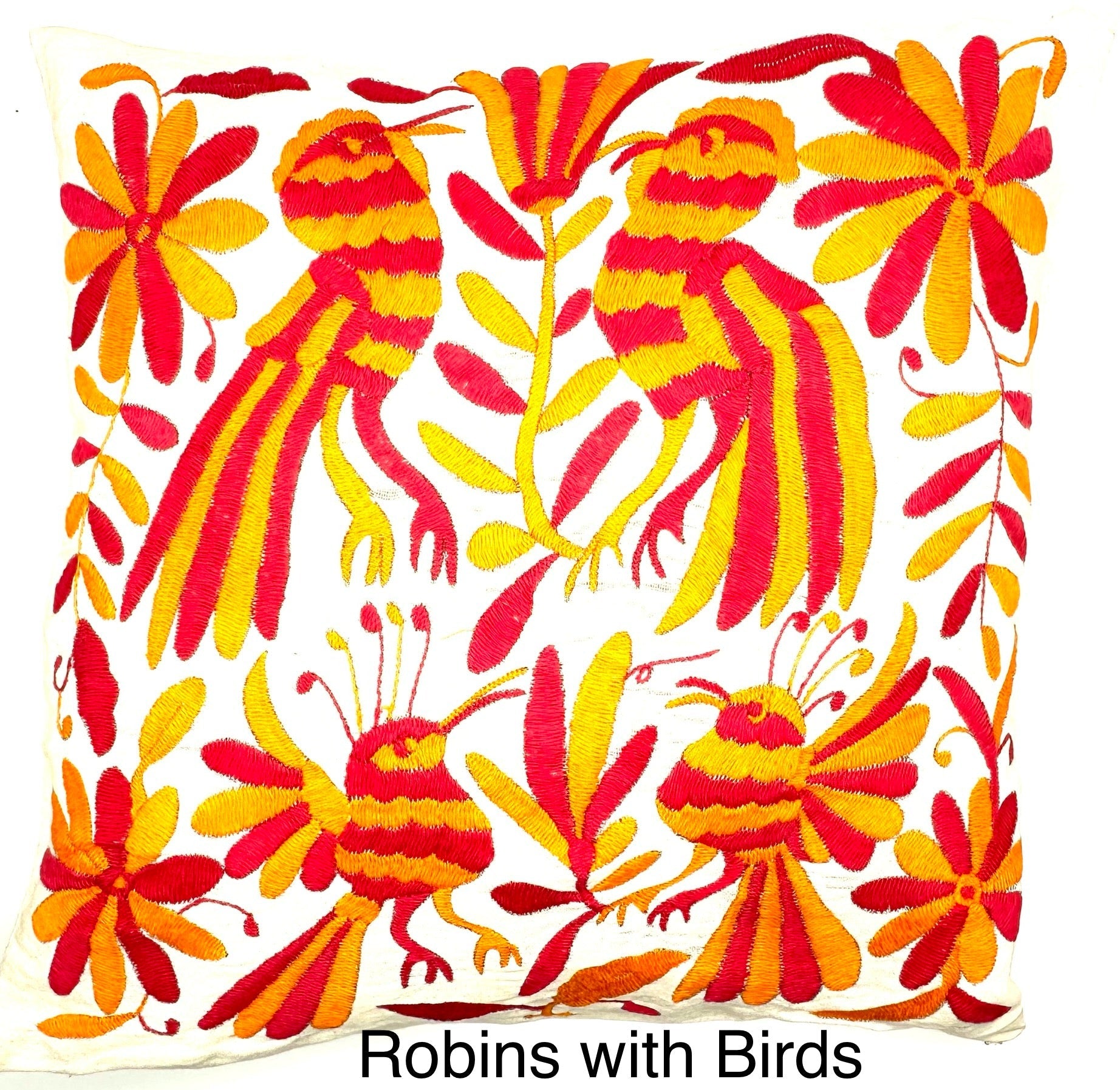 Mexican Otomi Embroidered Cushion Cover – Handmade Tenango Textile – Pink & Orange (45x45cm)
