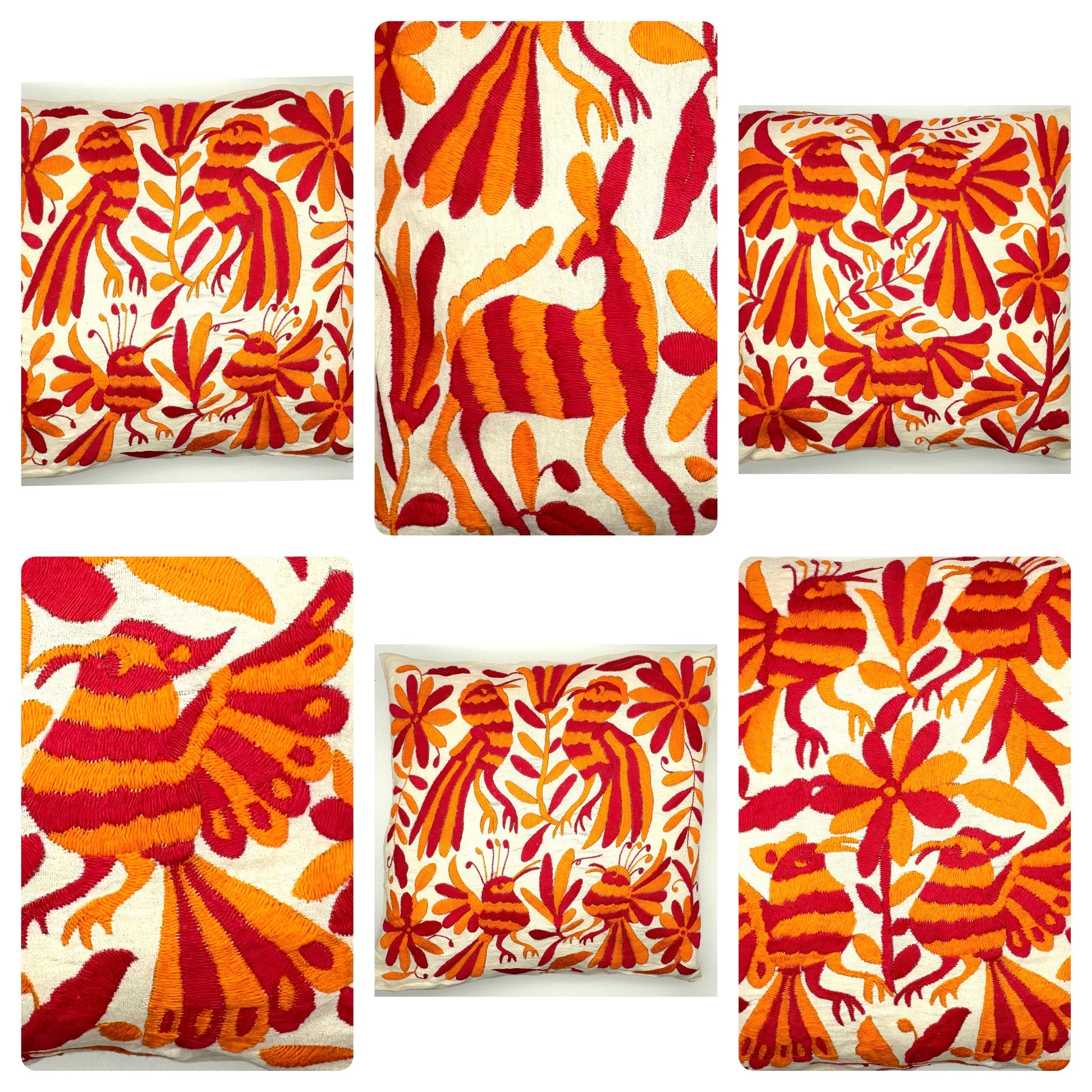 Mexican Otomi Embroidered Cushion Cover – Handmade Tenango Textile – Pink & Orange (45x45cm)