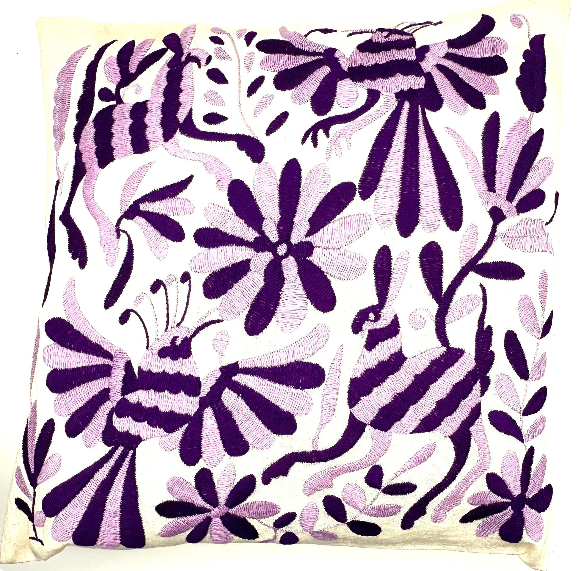 Mexican Otomi Embroidered Cushion Cover – Handmade Tenango Textile – Purple & Lilac (45x45cm)