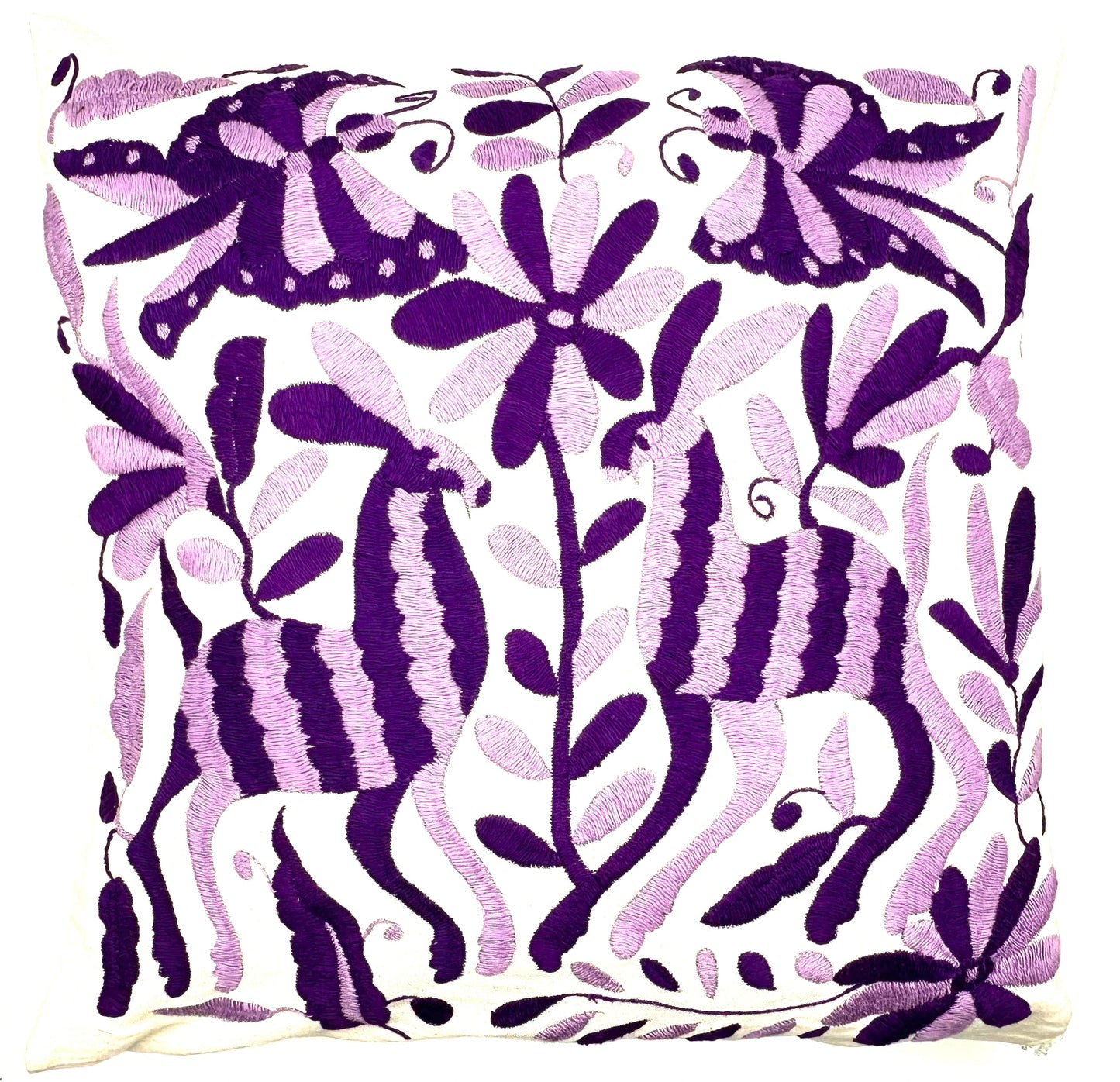 Mexican Otomi Embroidered Cushion Cover – Handmade Tenango Textile – Purple & Lilac (45x45cm)