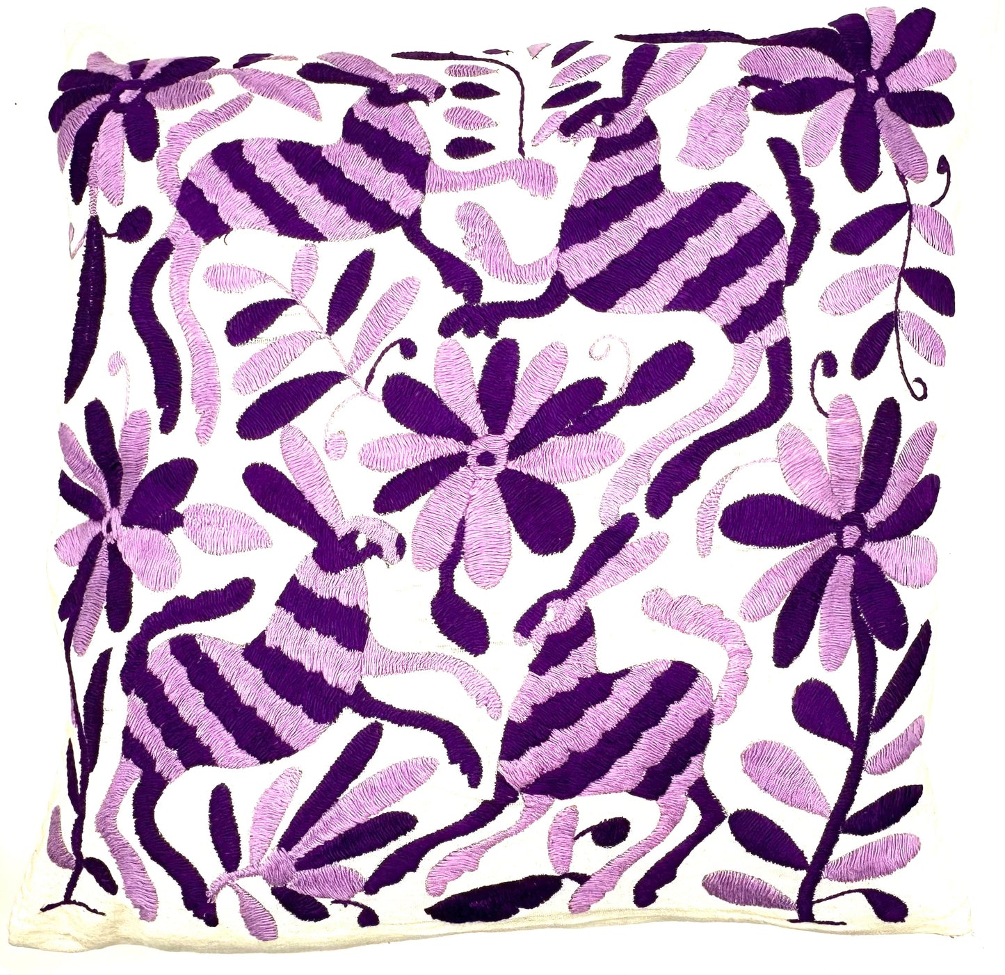 Mexican Otomi Embroidered Cushion Cover – Handmade Tenango Textile – Purple & Lilac (45x45cm)
