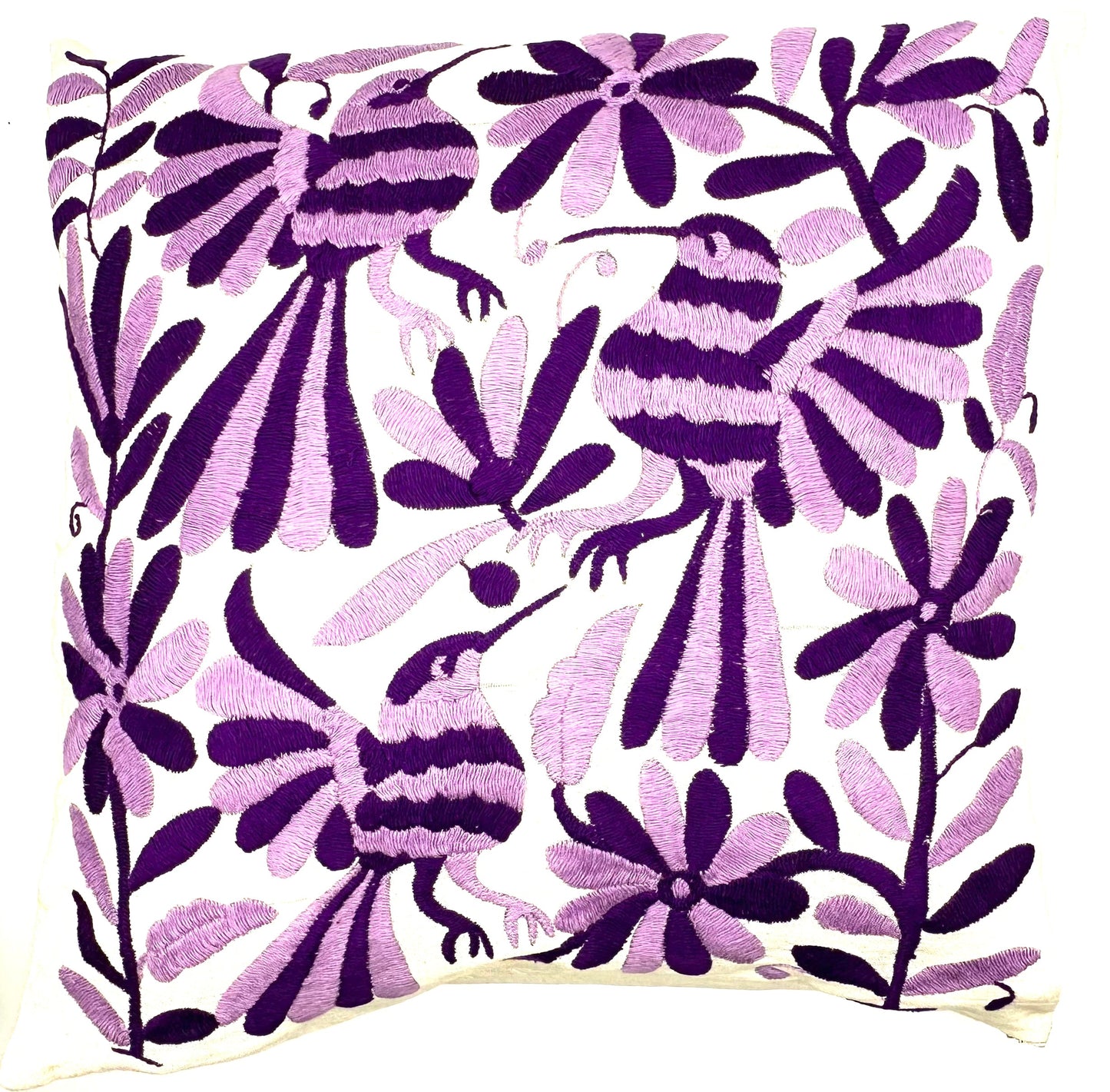 Mexican Otomi Embroidered Cushion Cover – Handmade Tenango Textile – Purple & Lilac (45x45cm)