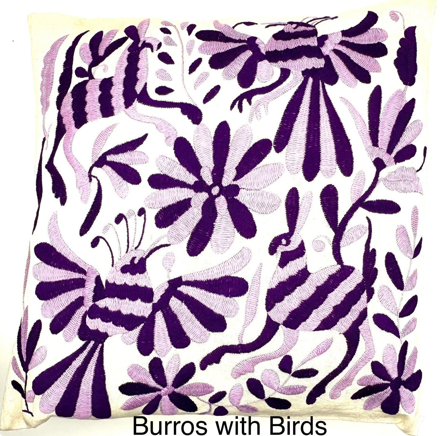 Mexican Otomi Embroidered Cushion Cover – Handmade Tenango Textile – Purple & Lilac (45x45cm)