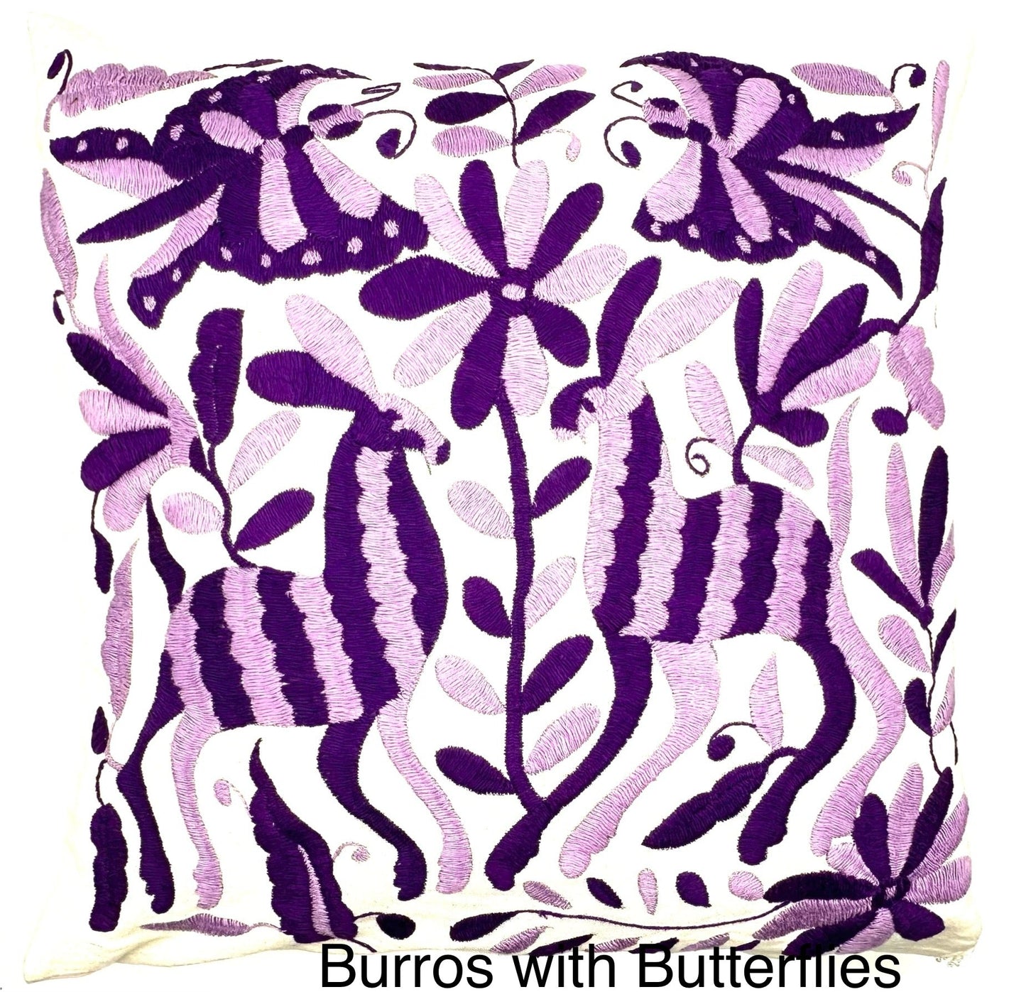 Mexican Otomi Embroidered Cushion Cover – Handmade Tenango Textile – Purple & Lilac (45x45cm)
