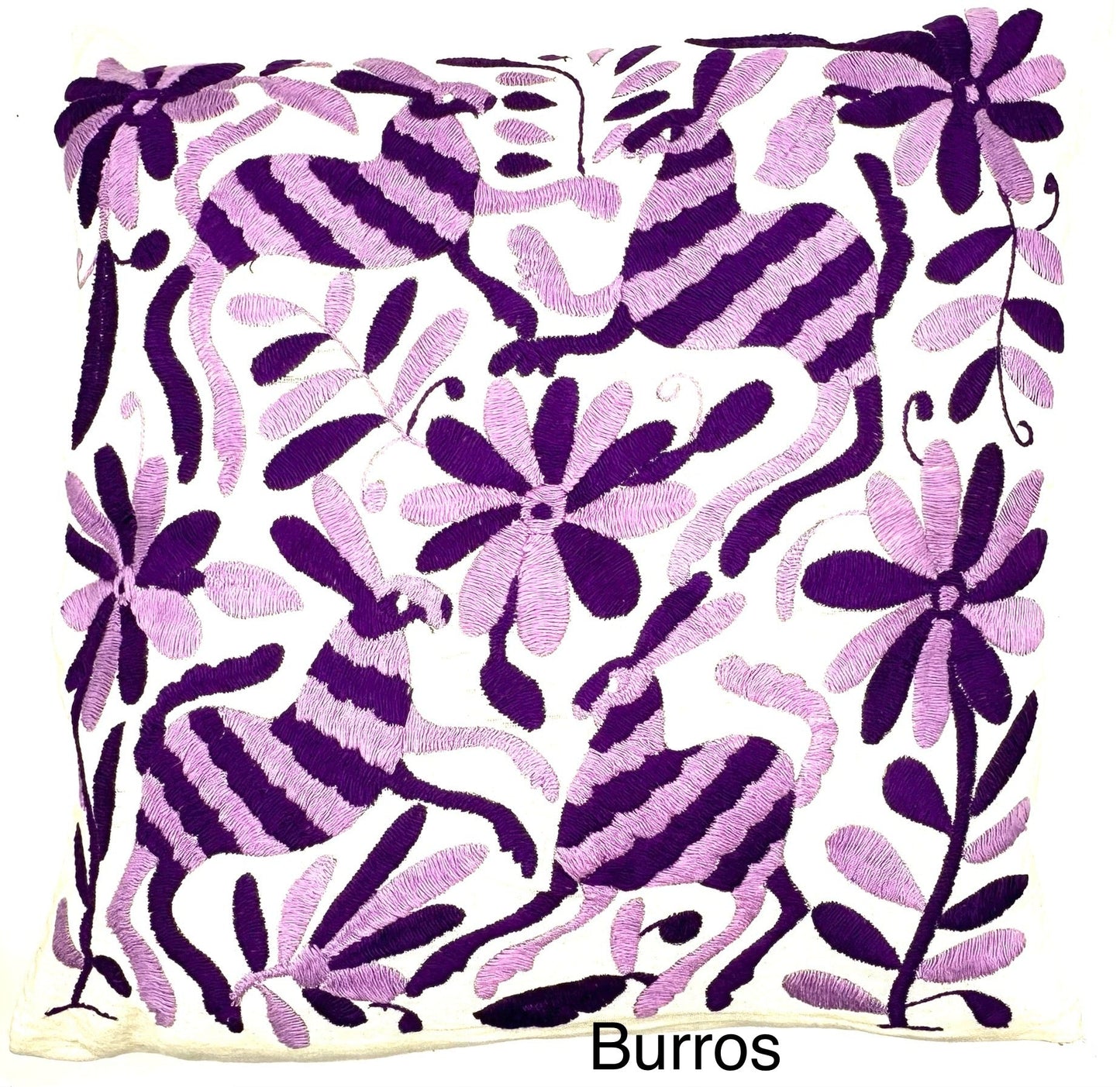 Mexican Otomi Embroidered Cushion Cover – Handmade Tenango Textile – Purple & Lilac (45x45cm)