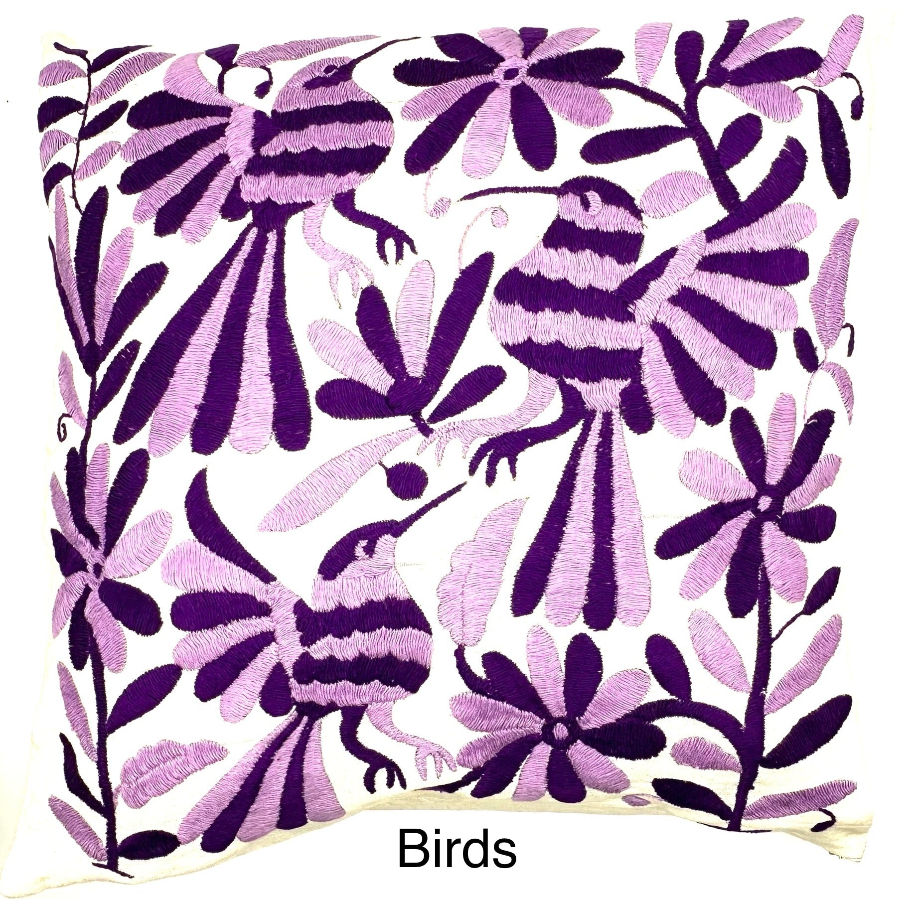 Mexican Otomi Embroidered Cushion Cover – Handmade Tenango Textile – Purple & Lilac (45x45cm)