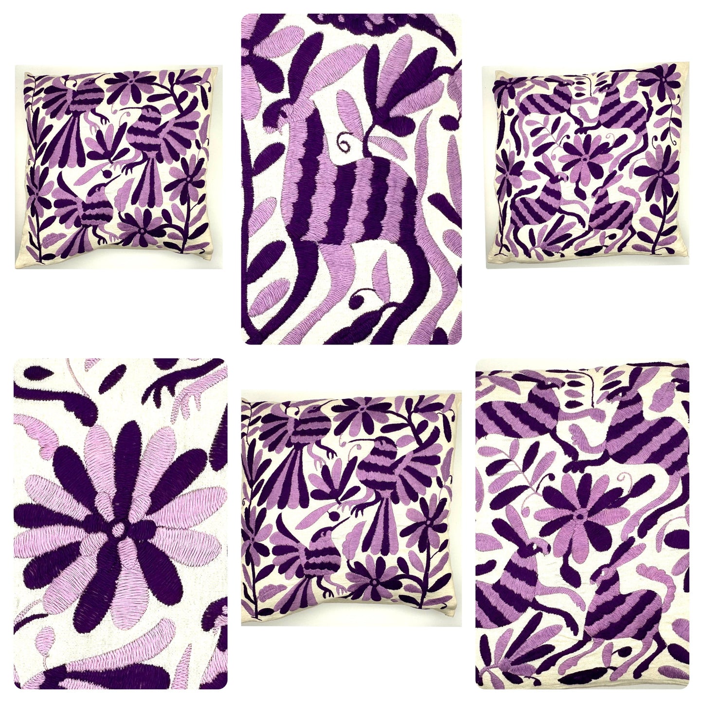 Mexican Otomi Embroidered Cushion Cover – Handmade Tenango Textile – Purple & Lilac (45x45cm)