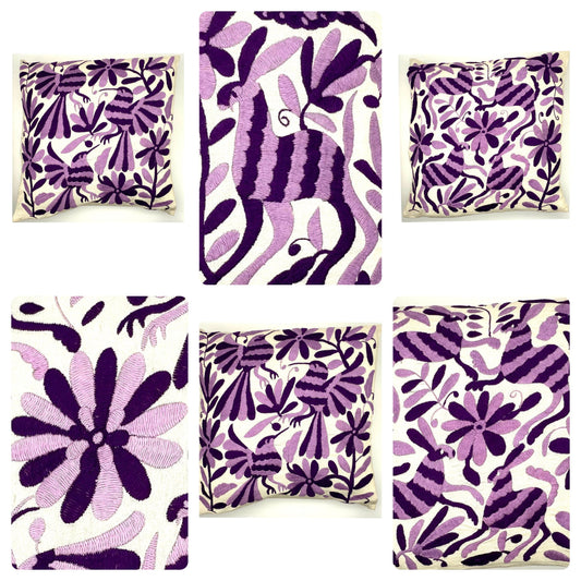 Mexican Otomi Embroidered Cushion Cover – Handmade Tenango Textile – Purple & Lilac (45x45cm)