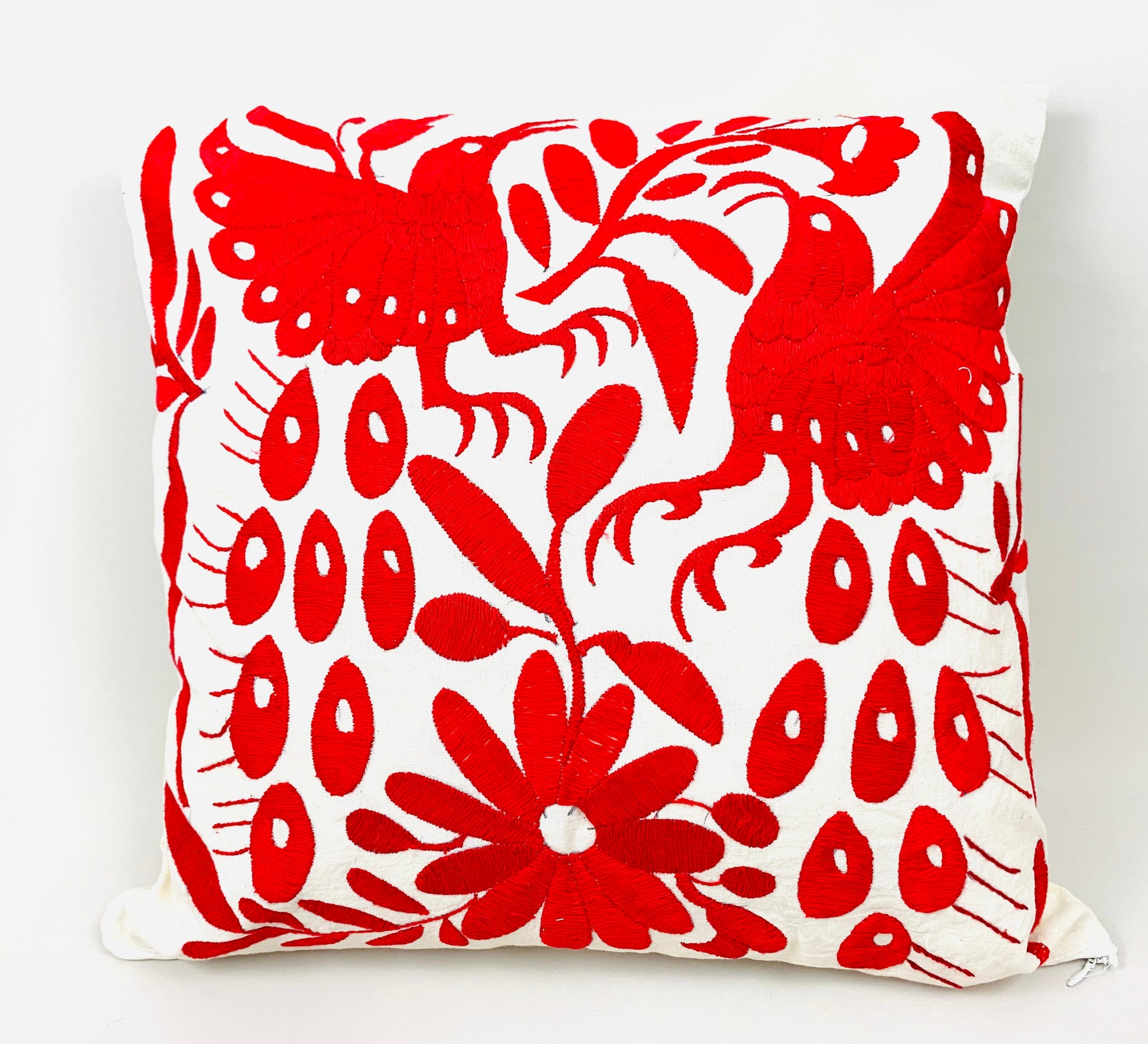 Mexican Otomi Embroidered Cushion Cover – Handmade Tenango Textile – Red (45x45cm)