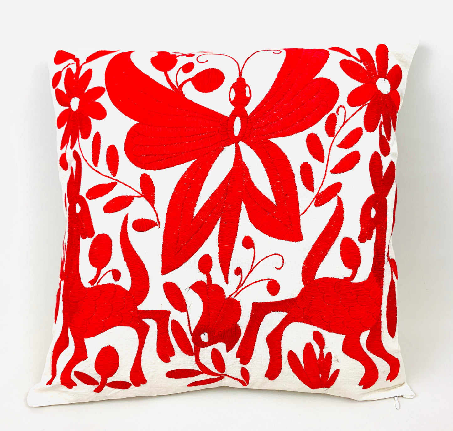 Mexican Otomi Embroidered Cushion Cover – Handmade Tenango Textile – Red (45x45cm)
