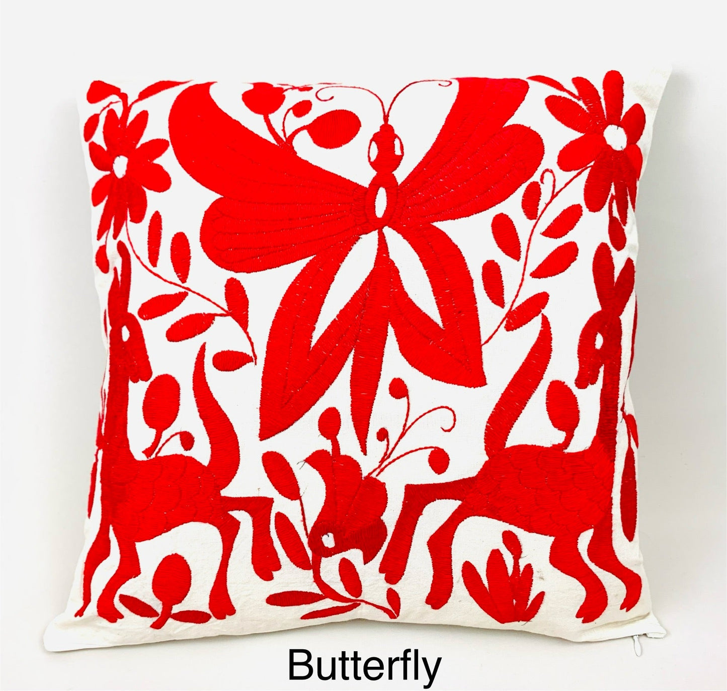 Mexican Otomi Embroidered Cushion Cover – Handmade Tenango Textile – Red (45x45cm)