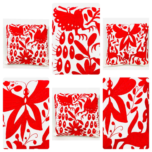 Mexican Otomi Embroidered Cushion Cover – Handmade Tenango Textile – Red (45x45cm)
