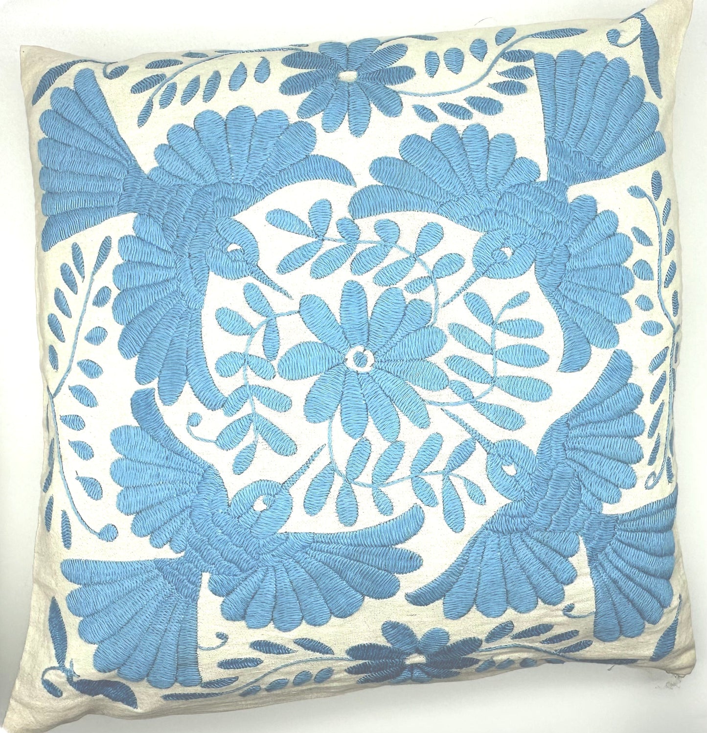 Mexican Otomi Embroidered Cushion Cover – Handmade Tenango Textile – Sky Blue (45x45cm)