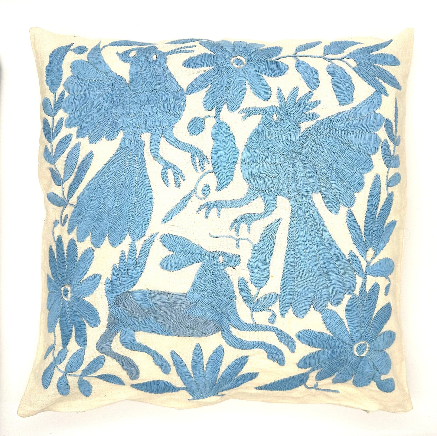Mexican Otomi Embroidered Cushion Cover – Handmade Tenango Textile – Sky Blue (45x45cm)
