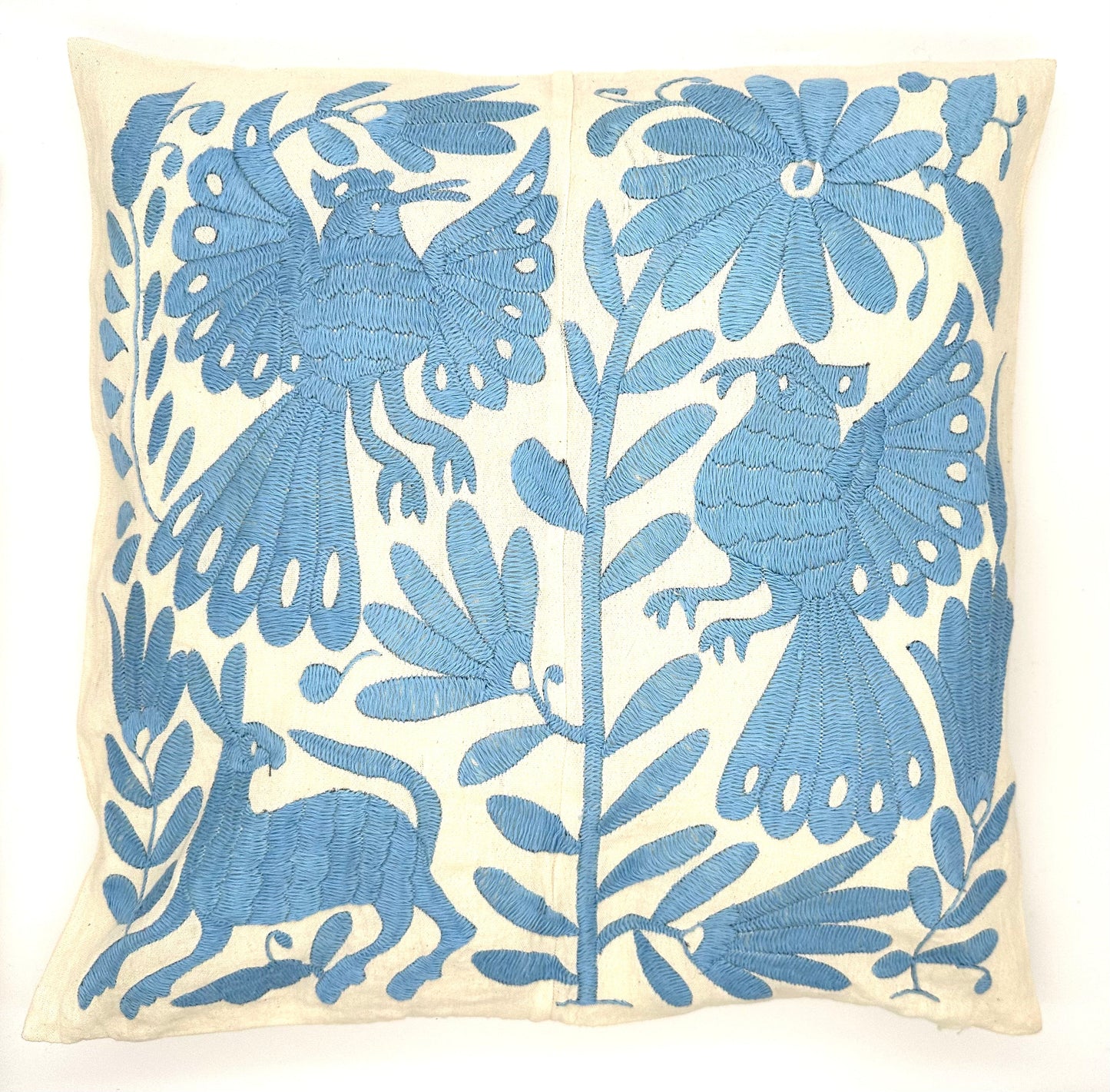 Mexican Otomi Embroidered Cushion Cover – Handmade Tenango Textile – Sky Blue (45x45cm)