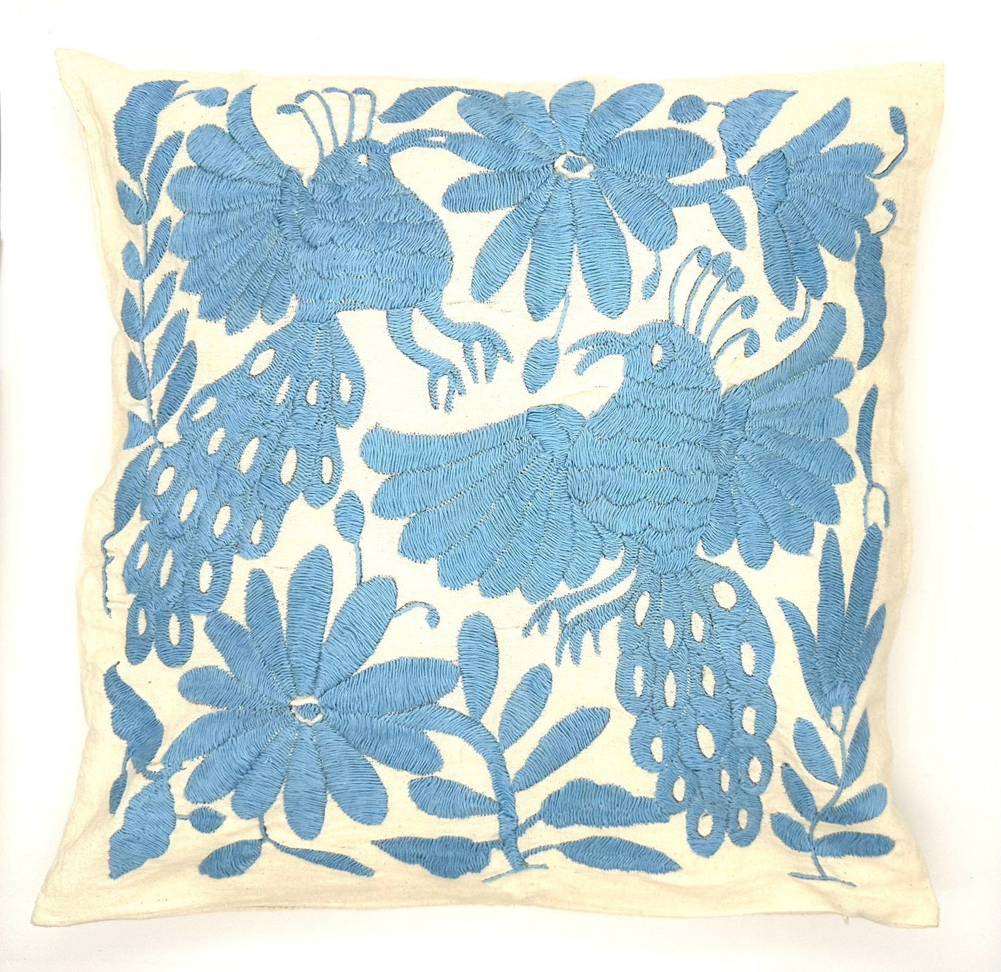 Mexican Otomi Embroidered Cushion Cover – Handmade Tenango Textile – Sky Blue (45x45cm)